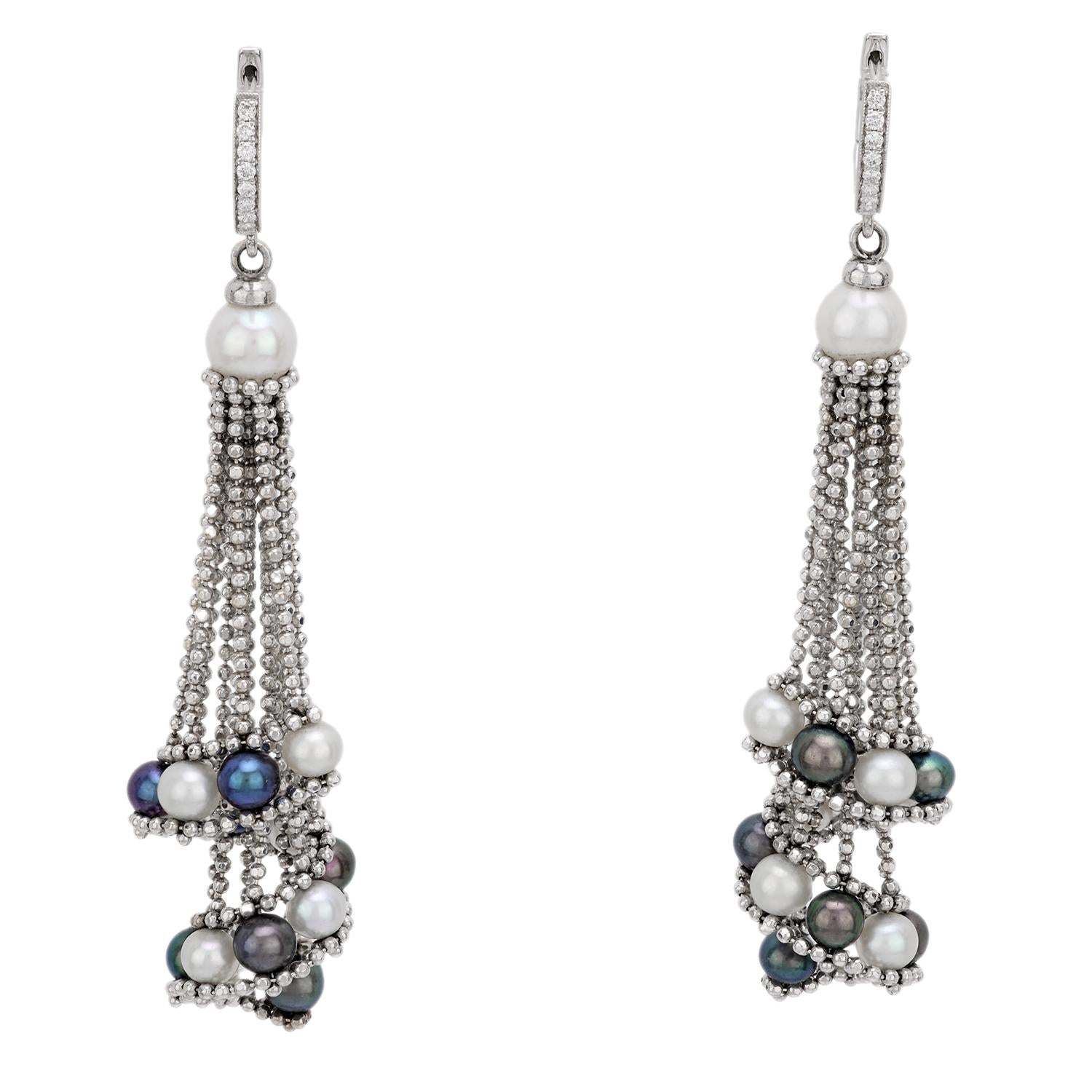 18K White Gold French Pearl and Diamond Earrings - Elegant Black & White Pearls for Weddings, Parties & Special Occasions