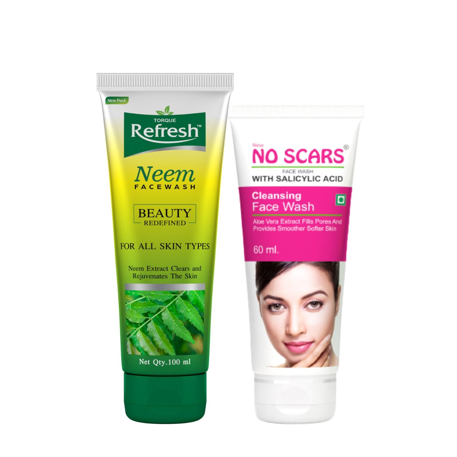 Torque Refresh Neem Face Wash & No Scar Aloe Vera Face Wash Combo Pack - Clear Skin, Reduce Acne & Scars for Acne-Prone Skin - Men & Women (Pack of 2) | Daily Facial Cleanser for Oily & Sensitive Skin, Perfect for Morning & Night Skincare Routine