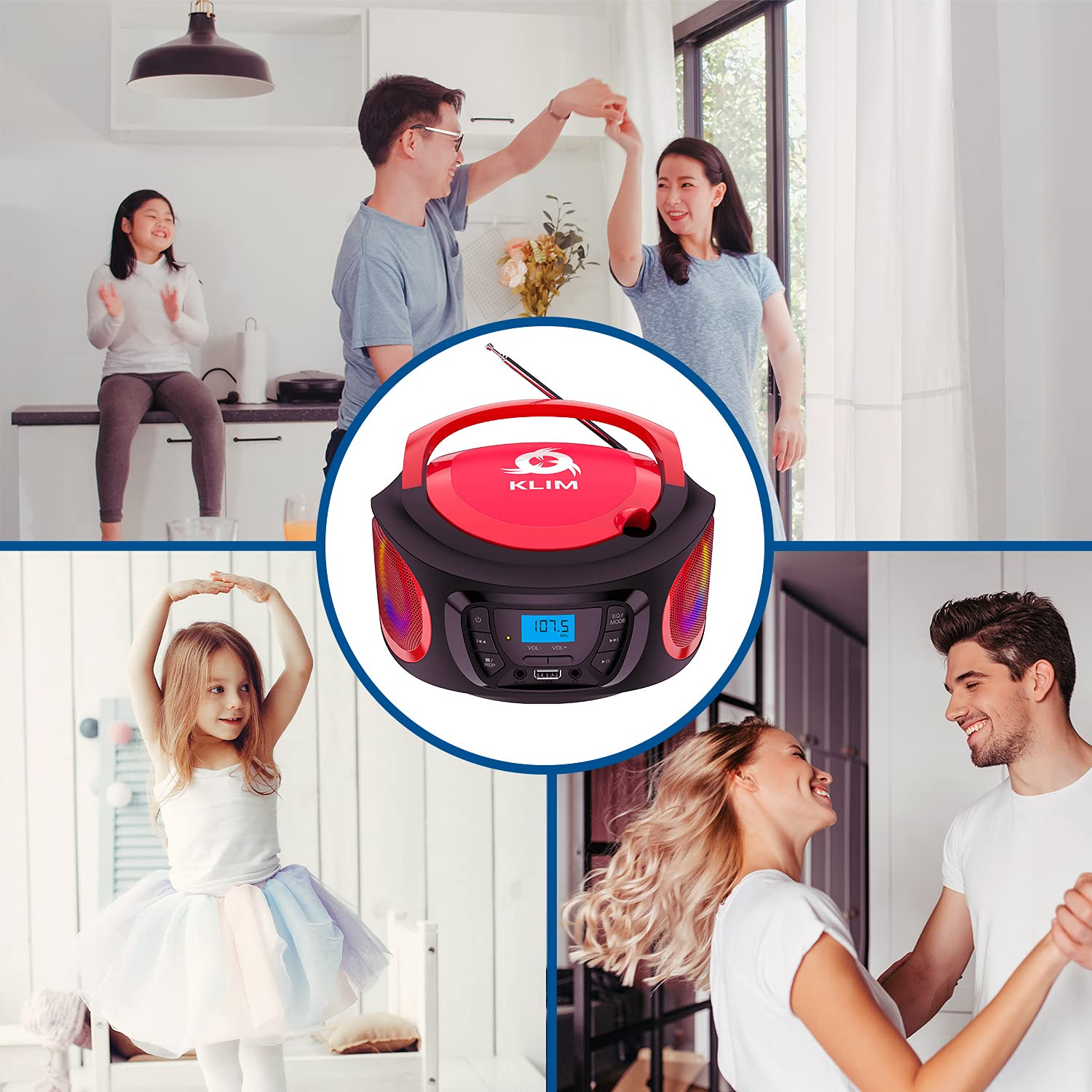 KLIM Boombox Portable Bluetooth Speaker with FM Radio, CD Player, MP3 & USB Playback - Rechargeable Battery, Wired/Wireless Modes - Compact Sturdy Design (Red) - Perfect for Outdoor Parties, Beach Trips & Home Entertainment