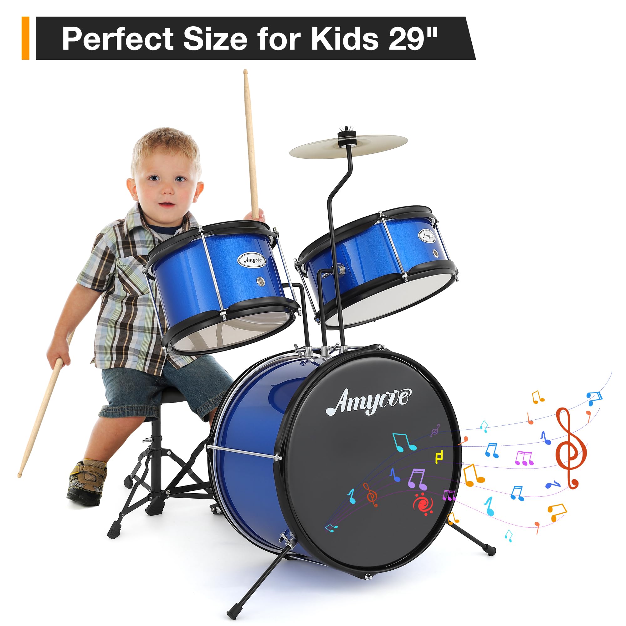 **3-Piece Kids Drum Set for Beginners - Blue Junior Drum Kit with Cymbal, Tom, Bass Drum, Drumsticks & Pedal - Includes Adjustable Drum Stool - Perfect for Boys & Girls Learning Music at Home or School**