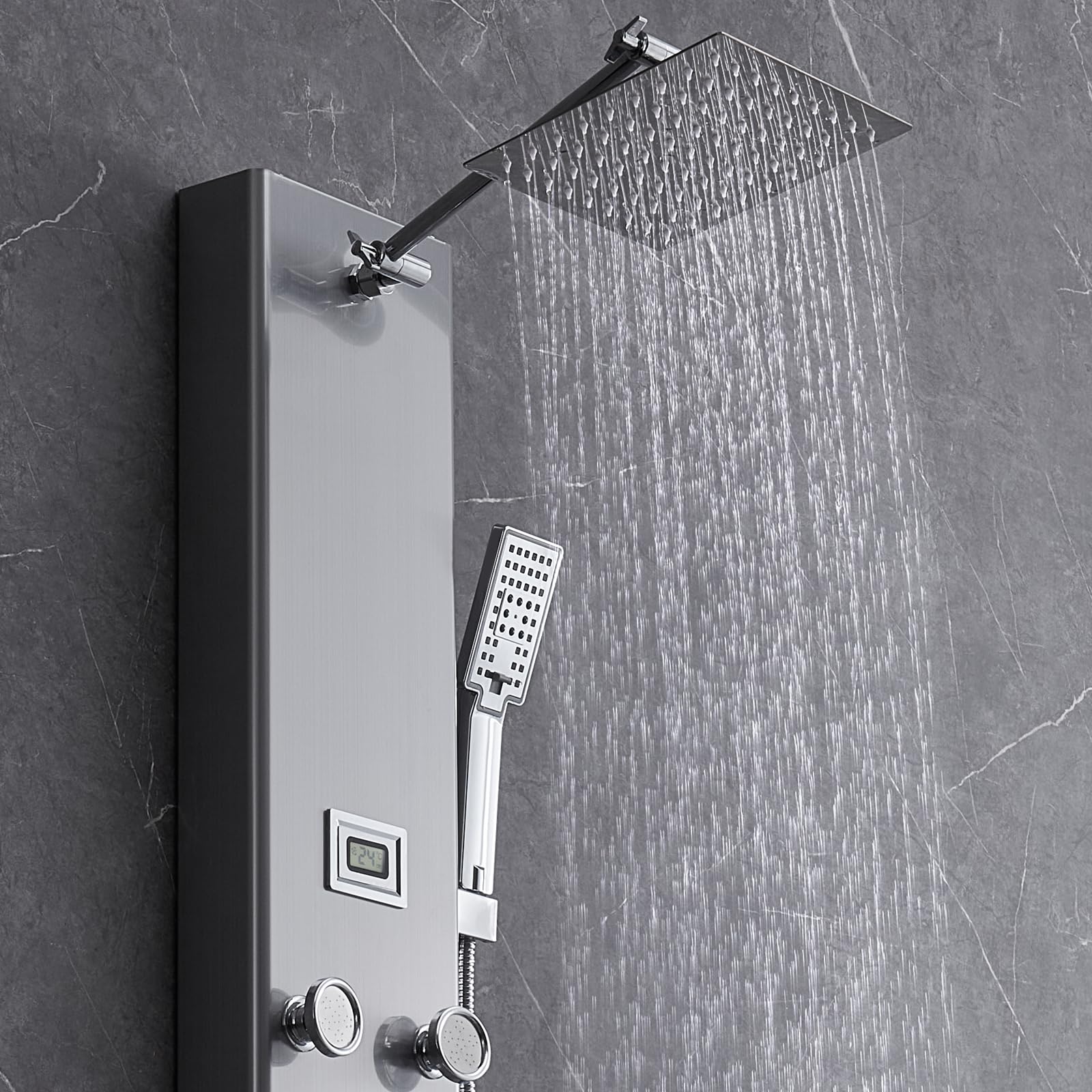 VEVOR Stainless Steel Shower Tower Panel with 5 Modes & Digital Display - Rainfall Shower, 8 Massage Jets, Tub Spout & 3-Setting Handheld Shower Head with 59