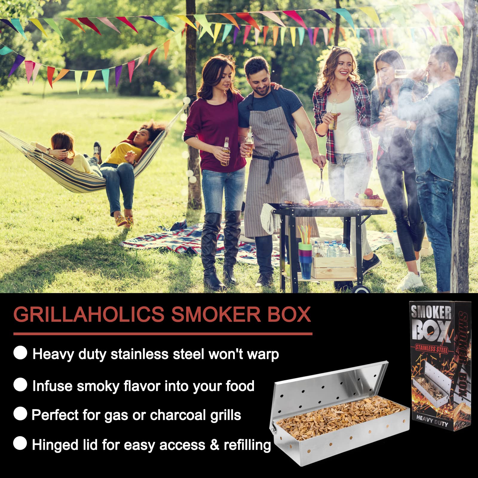 Stainless Steel BBQ Smoker Box - Portable Wood Chip Smoking Box for Outdoor Gas & Charcoal Grills - Perfect for Smoking Meat, Fish & Vegetables at Home or Camping