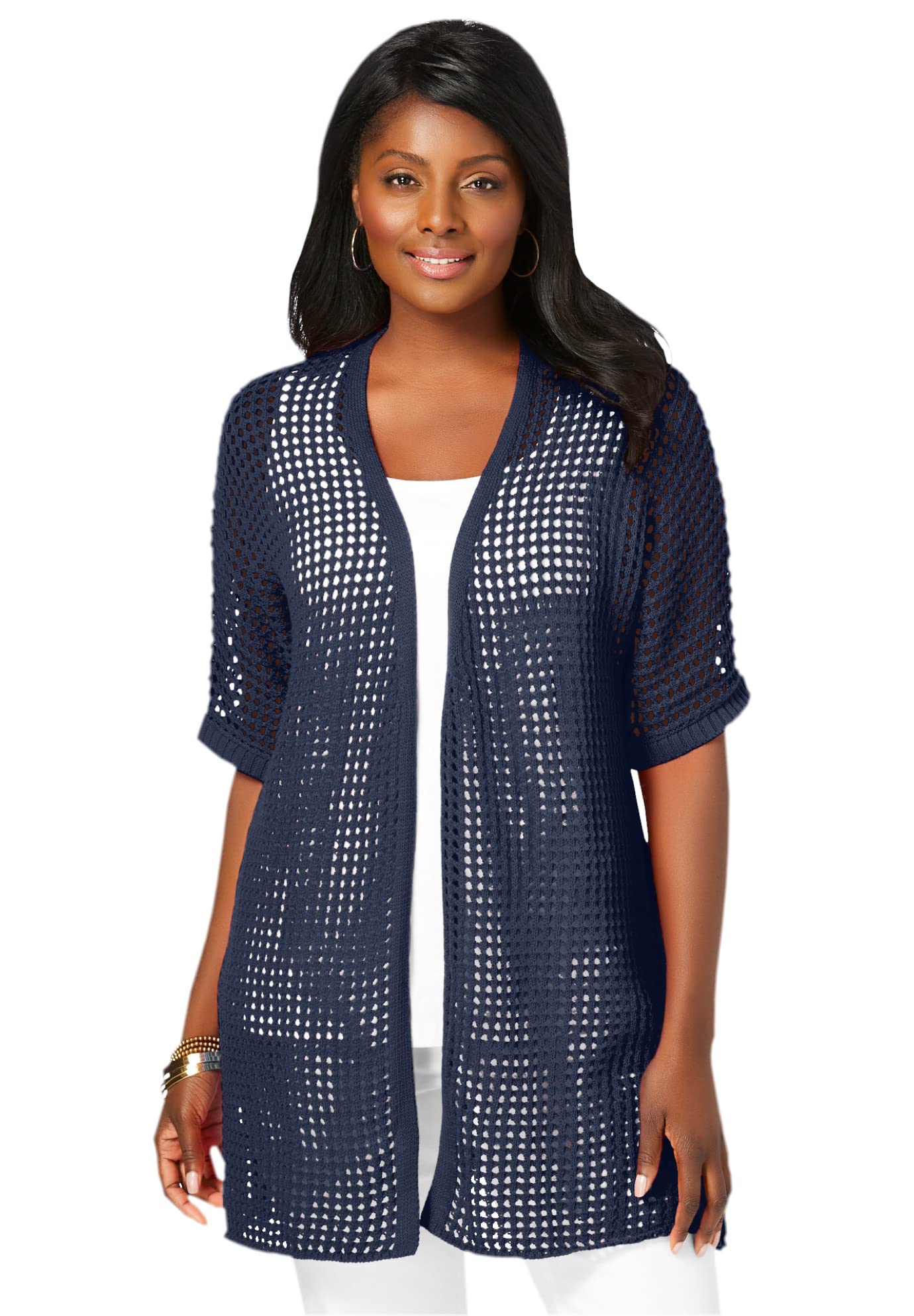 Jessica London Women's Plus Size Crochet Long Cardigan Sweater - Soft Open Front Cover Up for Casual Outfits & Layering in Fall/Winter