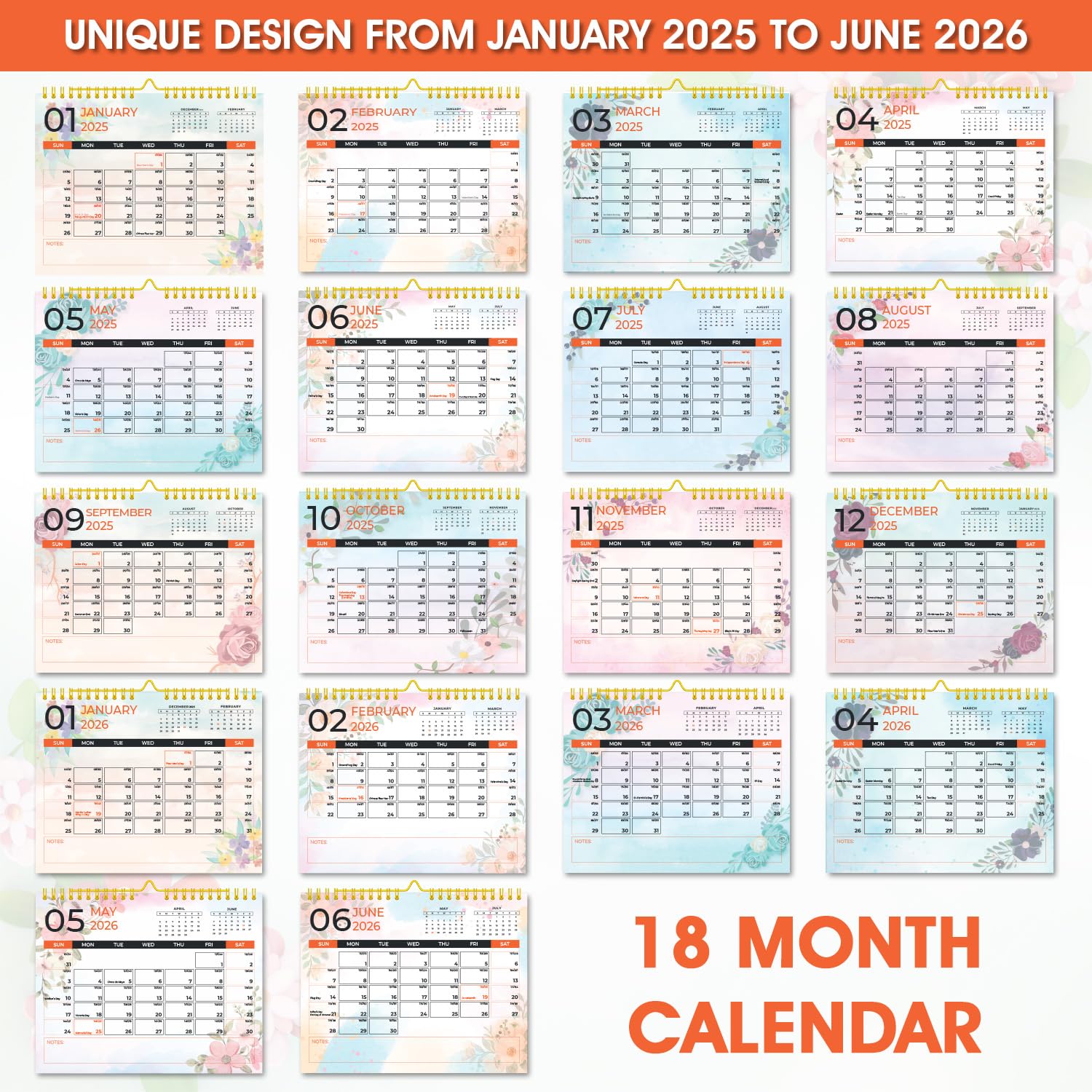 2025-2026 Wall Calendar | 18-Month Planner (January 2025 - June 2026) | 14.8