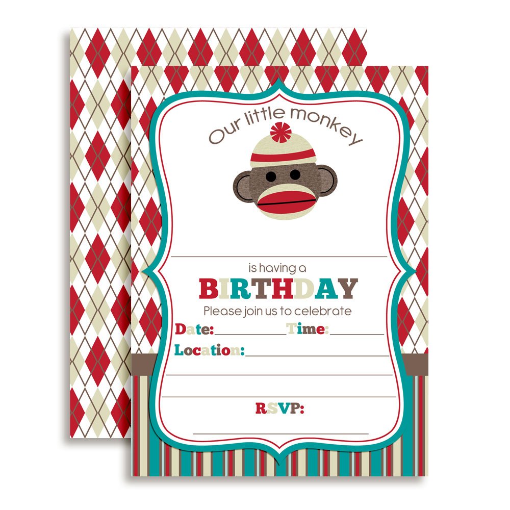 Amanda Creation Sock Monkey Birthday Party Invitations - 20 Pack 5x7 Fill-in Cards with White Envelopes | Perfect for Kids Birthday Parties, Baby Showers & Themed Events