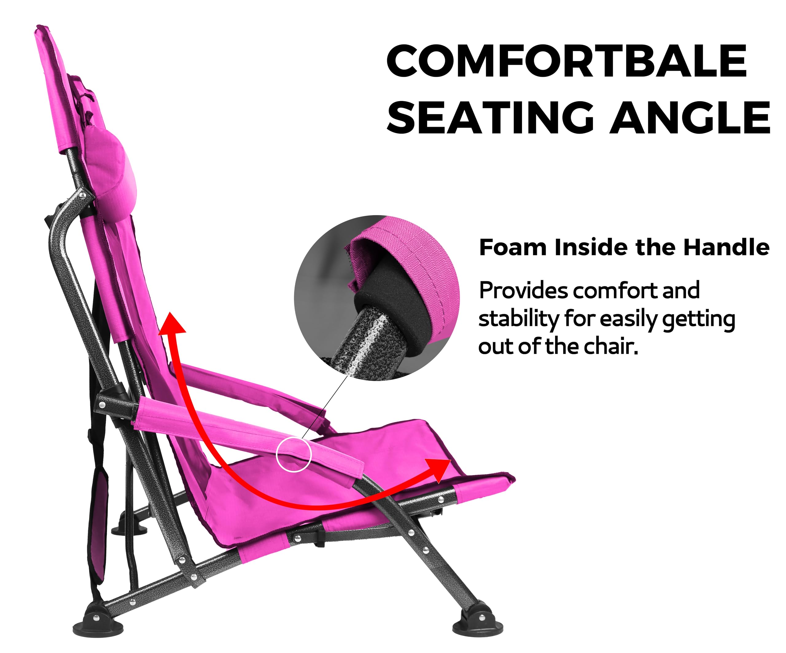 SPORT BEATS Low Beach Chairs Set of 2 - Portable Folding Chairs with High Back Support, Head Pillows & Shoulder Straps - Perfect for Beach, Camping, Picnics & Outdoor Relaxation