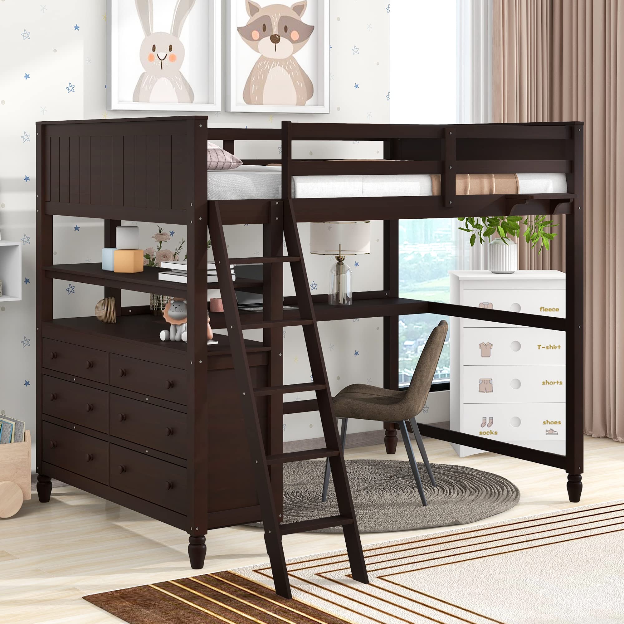 **Solid Wood Loft Bed with Storage, Shelves & Desk - Space-Saving Multifunctional Kids Bed for Boys & Girls - Full Size, Espresso Finish (No Box Spring Needed) - Perfect for Small Bedrooms, Dorms & Apartments**
