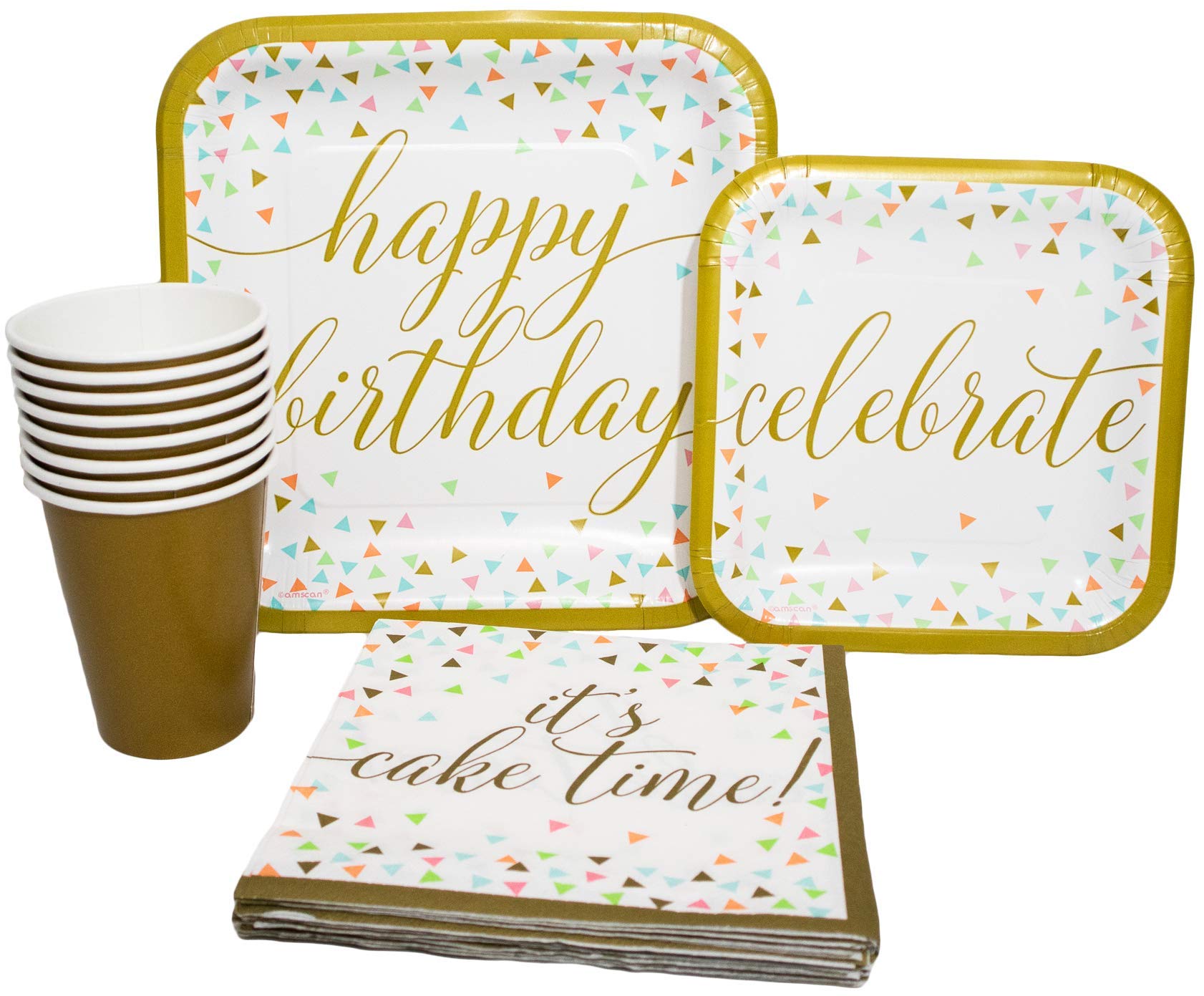 Happy Birthday Confetti Party Supplies Set - 16-Pack Disposable Paper Plates, Napkins & Cups for Birthday Celebrations | Perfect for Kids Parties, Baby Showers & Family Gatherings