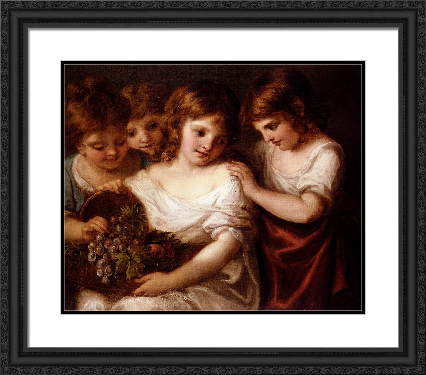 Angelica Kauffman 'Four Children With A Basket Of Fruit' 23x20 Black Ornate Framed Art Print with Double Matting - Classic Wall Decor for Living Room, Bedroom & Office