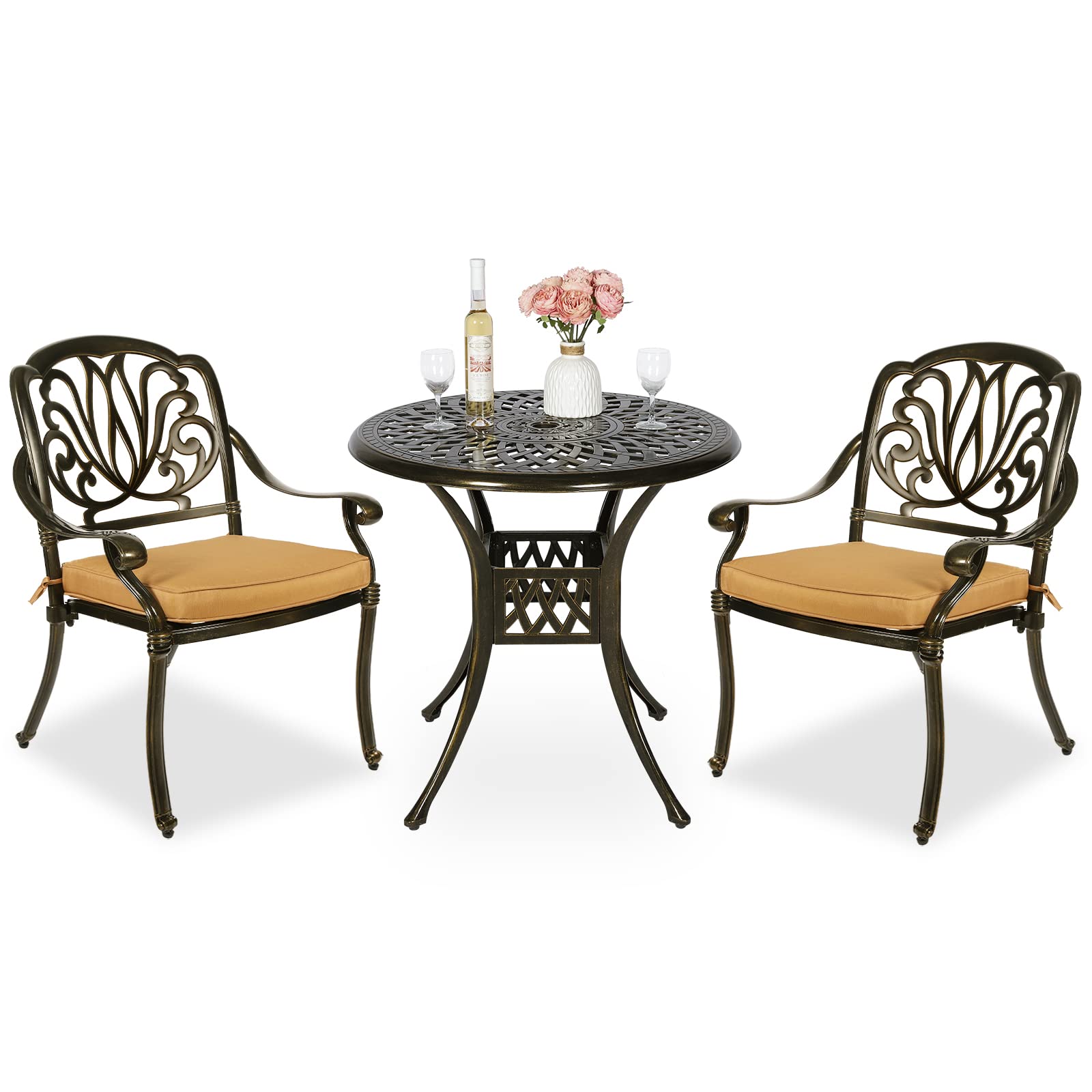 MEETWARM 3-Piece Outdoor Patio Bistro Set - All-Weather Cast Aluminum Dining Furniture with 2 Cushioned Chairs & 31