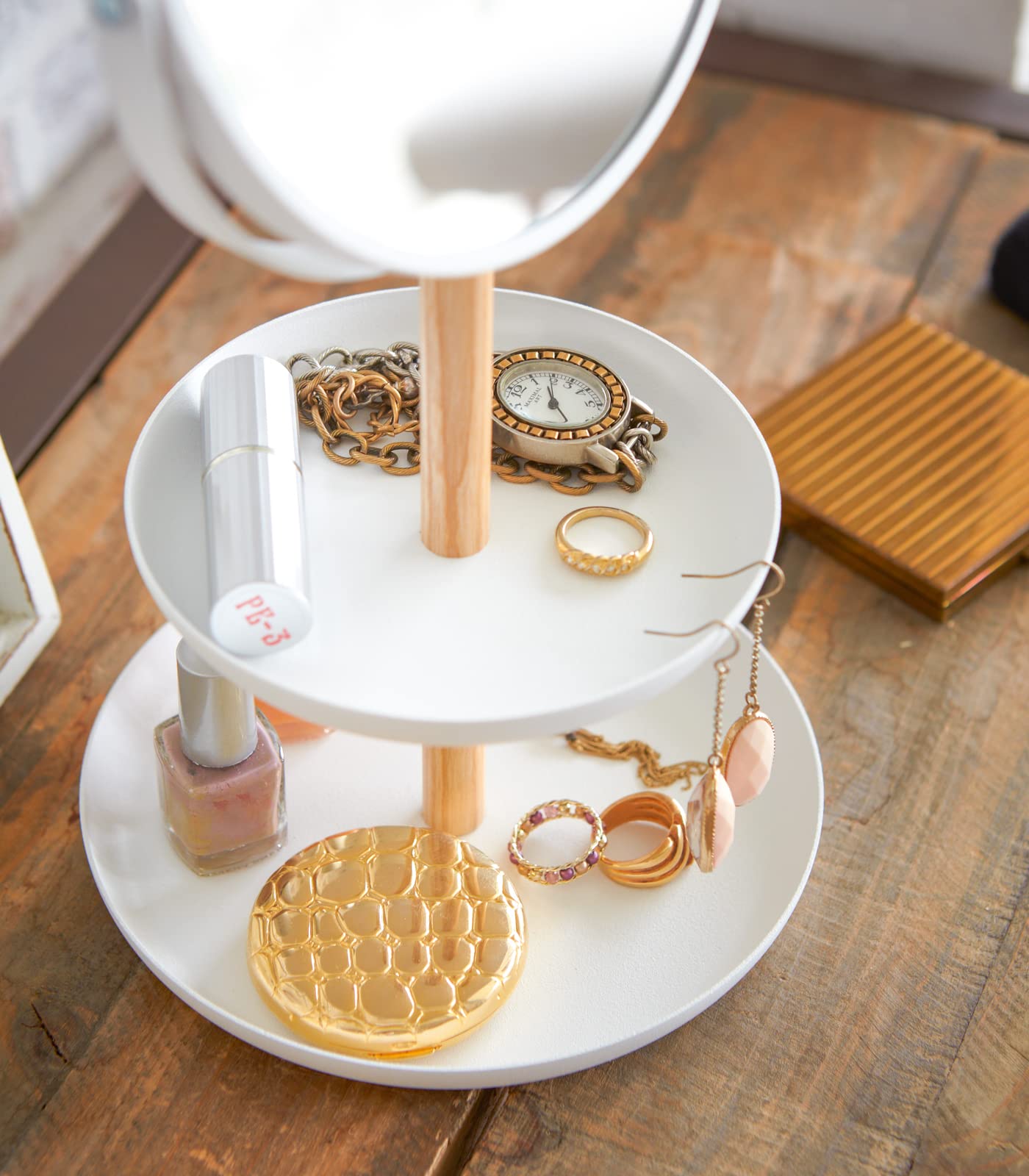YAMAZAKI Home Tosca Accessory Trays & Mirror - White | Stylish Bathroom & Vanity Organizer for Jewelry, Cosmetics & Essentials