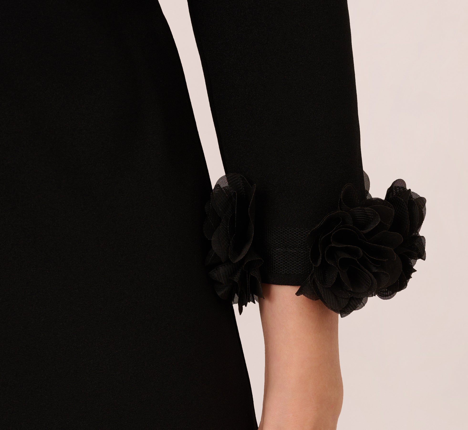 Floral Embellished Cuffs Black Three Quarter Sleeve Shift Dress - Perfect for Office Wear, Cocktail Parties & Spring Weddings