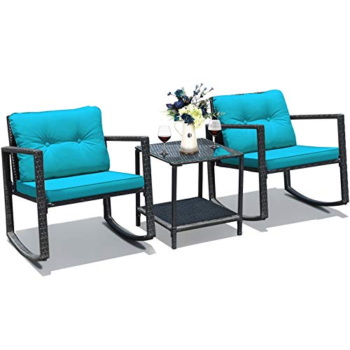 **HAPPYGRILL 3-Piece Rocking Bistro Set - Outdoor Patio Furniture with Rattan Wicker Chairs & Coffee Table - Perfect for Garden, Lawn, Backyard, Balcony & Porch Relaxation**