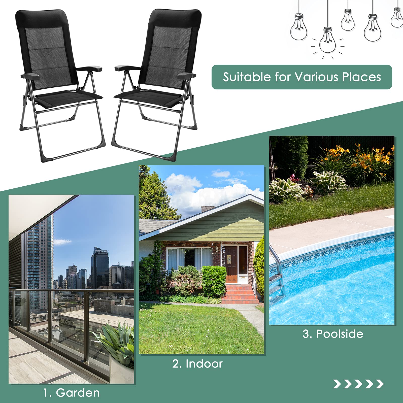 Giantex Set of 2 Folding Patio Dining Chairs - Adjustable Backrest & Headrest Outdoor Lawn Chairs - Portable Armchairs for Camping, Poolside, Garden, Backyard & Porch - Perfect for Relaxing, Sunbathing & Outdoor Dining