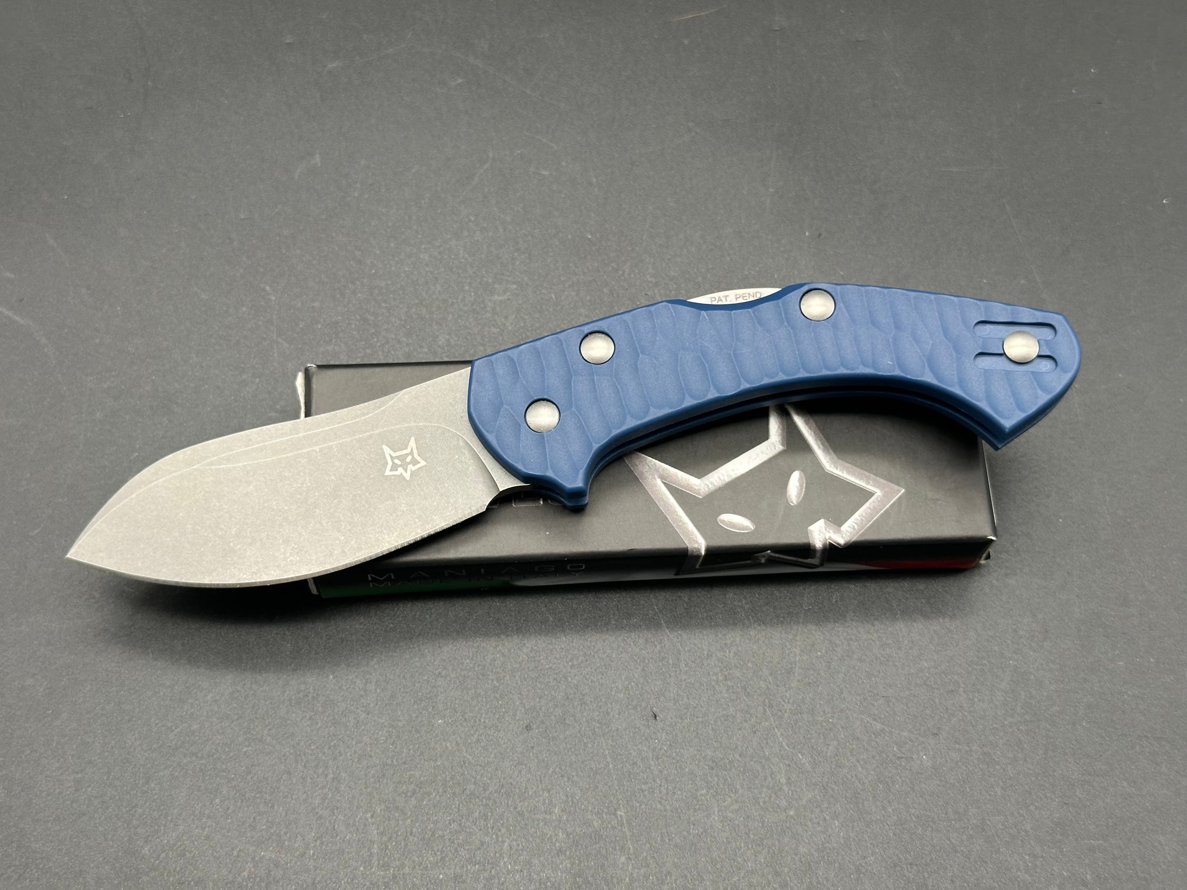 Fox Knives Anso Zero Exclusive Folding Knife - Blue G10 Handle, N690 Stonewash Blade - EDC, Camping, Outdoor Survival Gear