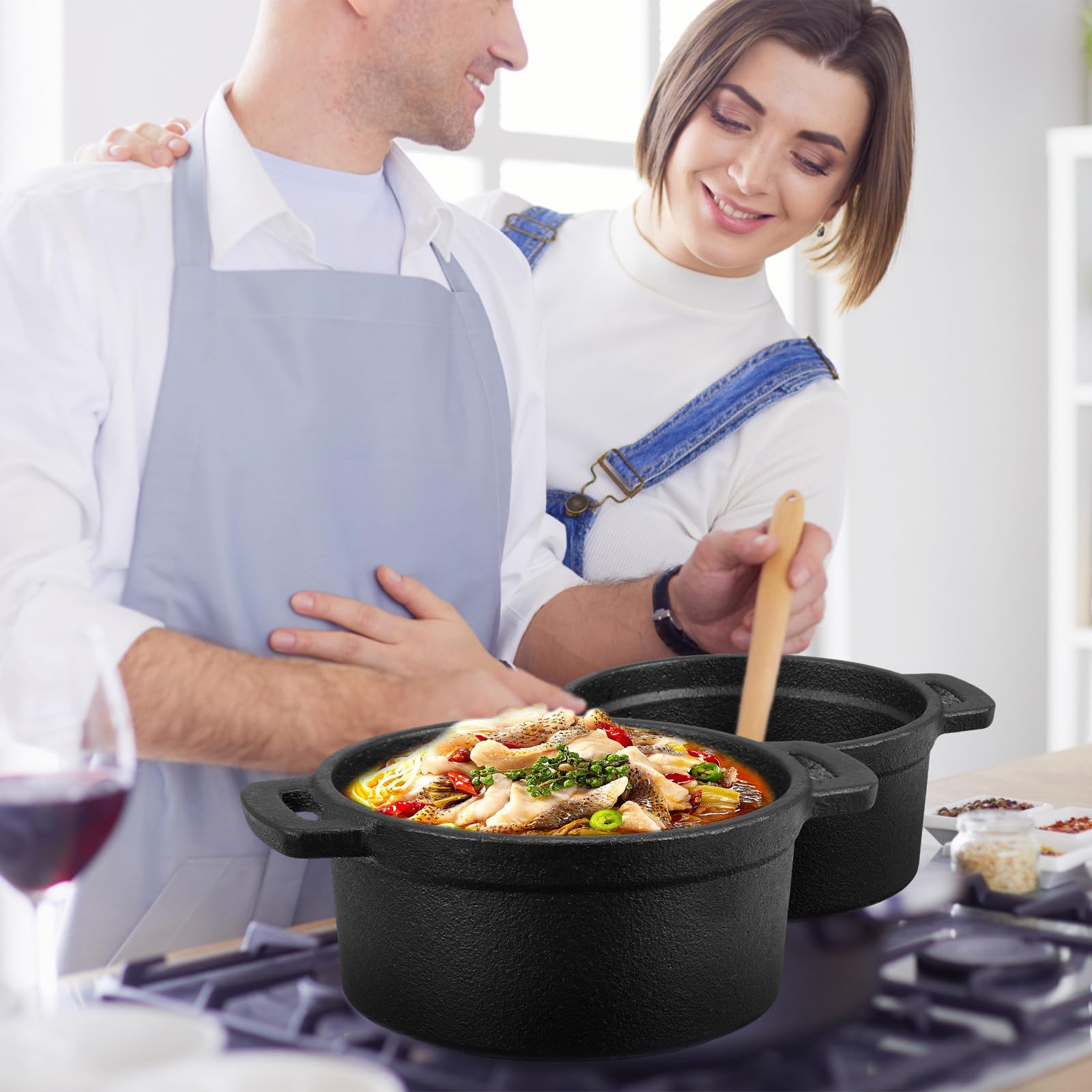4 Pcs Mini Dutch Oven Set - Small Round Cast Iron Cocotte with Lid & Dual Handles (20 oz) - Black Enameled Pot for Stovetop, Oven, BBQ & Grill - Perfect for Marinating, Baking, Roasting Garlic & Refrigerating - Ideal for Camping, Kitchen & Outdoor Cooking
