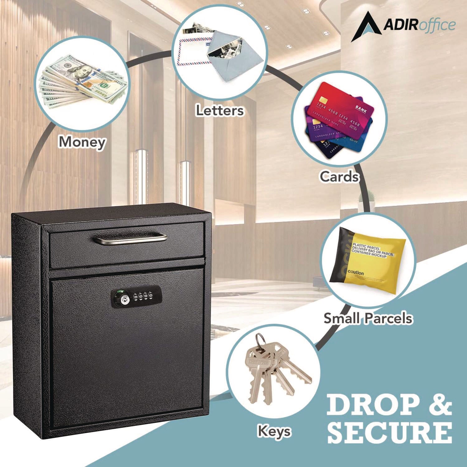 AdirOffice Medium Secure Drop Box - Wall Mounted Locking Mailbox with Key & Combination Lock - 10.51