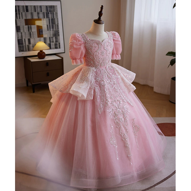 Pink Organza Flower Girl Dress - Princess Sweetheart Floor Length Formal Gown for Weddings, Parties & Special Occasions
