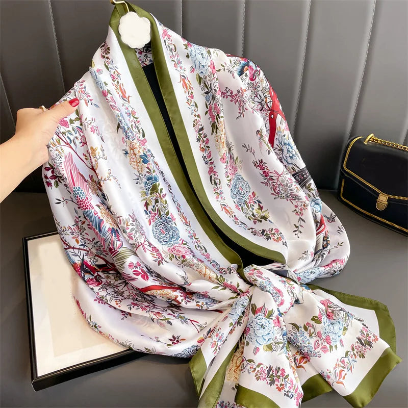 180x90cm Elegant Printed Large Silk Scarf for Women - Soft Sun Protection Shawl, Hijab, Bandana, Foulard - Perfect for Outdoor Activities, Beach, Travel and Fashion Accessories