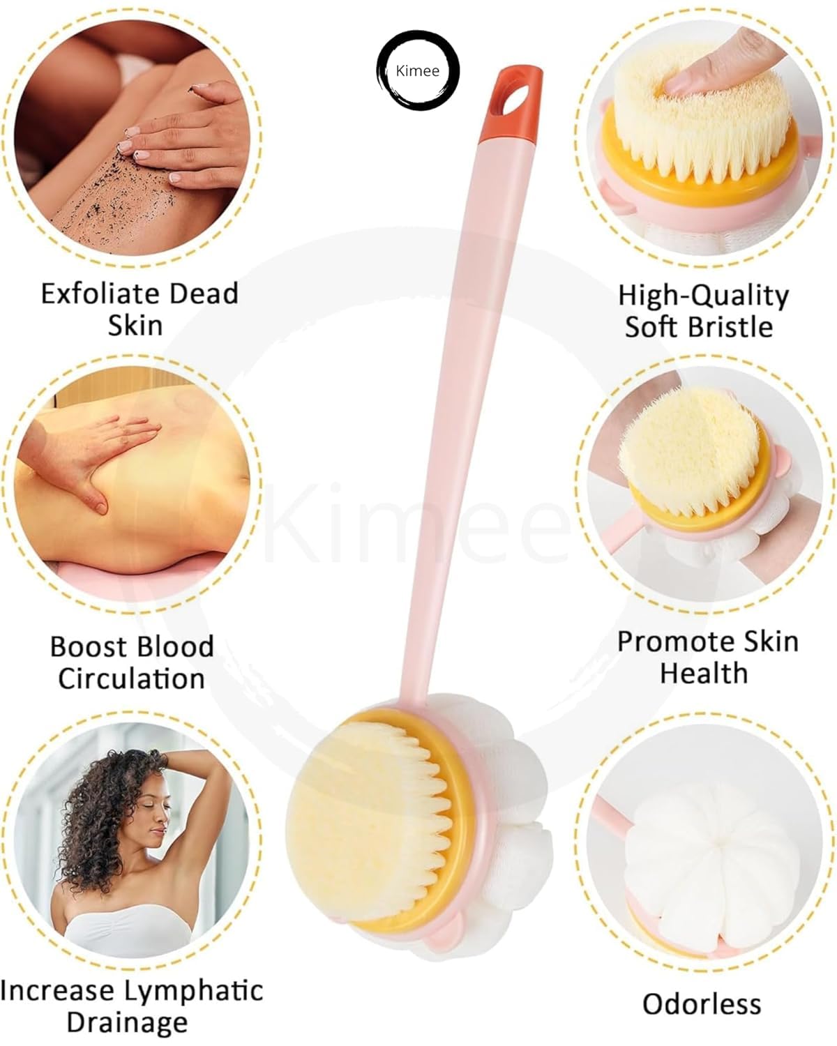 KIMEE 2 in 1 Body Brush & Back Scrubber - Long Handle Exfoliating Brush with Bristles for Wet/Dry Skin Massage | Improves Circulation & Removes Dead Skin Cells | Perfect for Shower, Bath & Spa Days