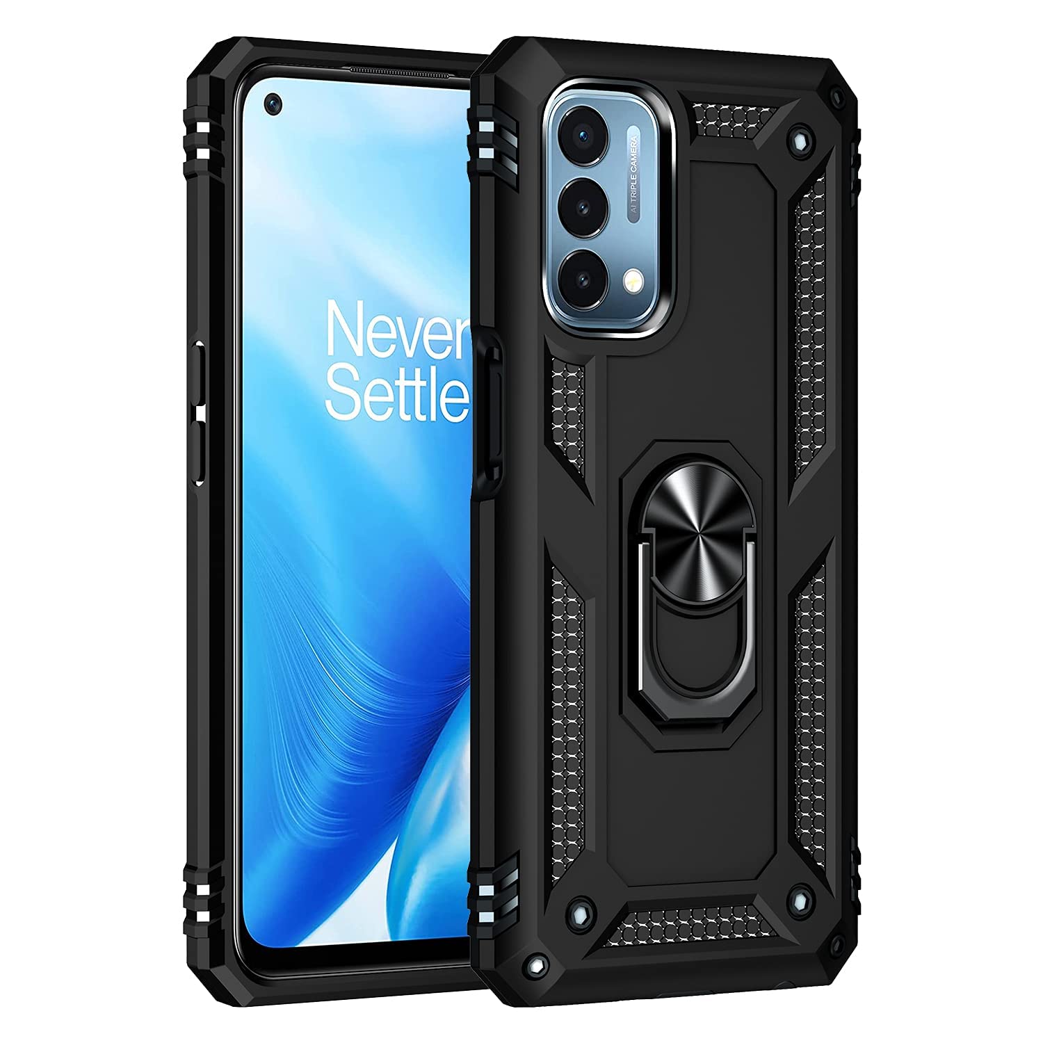 Military Grade Drop Impact Case for OnePlus Nord N200 5G - Heavy Duty Shockproof Phone Cover with 360° Metal Rotating Ring & Kickstand Holder - Perfect for Outdoor Activities, Work & Travel (Black)