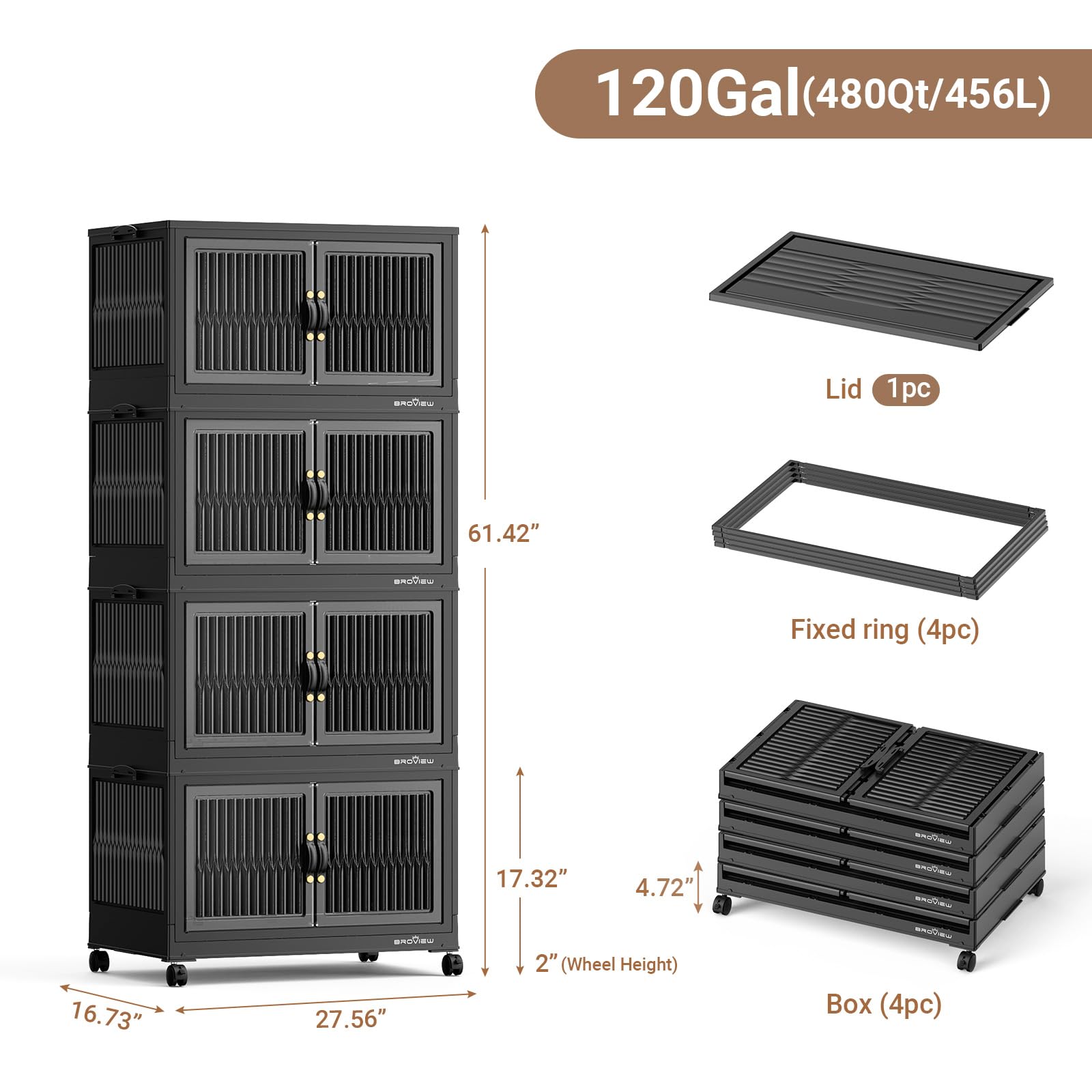 120 Gallon (480 Quart) Heavy-Duty Plastic Storage Bins with Lids - Stackable, Collapsible Organizer with Wheels for Closet, Home, Office & Dorm - Perfect for Clothes, Toys, Seasonal Items & Household Organization (Black)