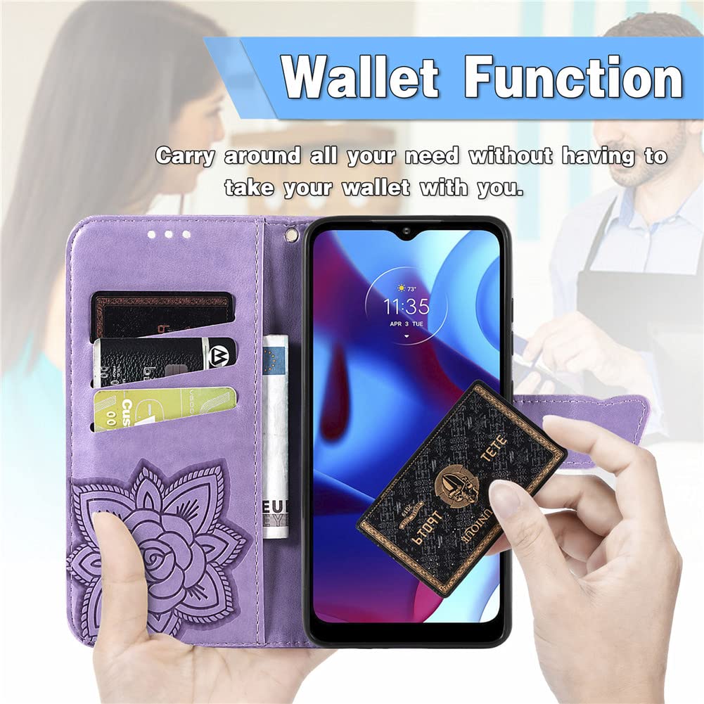 Motorola Moto G Pure Wallet Case - Leather Flip Cover with Card Holder & Kickstand, Shockproof Butterfly Embossed Design in Lavender for Women | Perfect for Daily Use, Travel & Business Meetings
