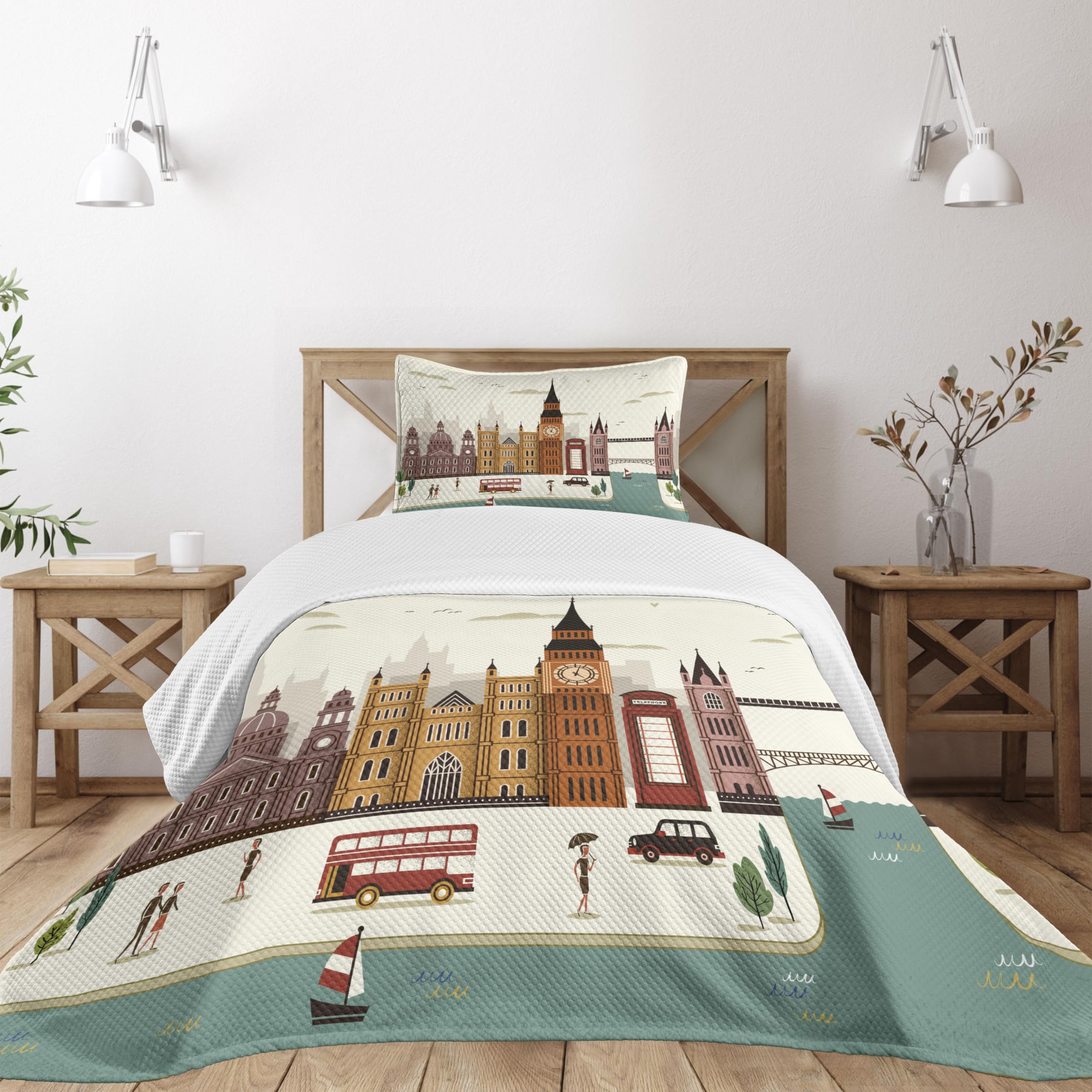 Ambesonne London Bedspread Set - 3-Piece Decorative Bedding with Big Ben & Telephone Booth Design, Twin Size Multicolor | England Travel Scenery Theme for Bedroom Decor, Guest Room & Vacation Home Styling