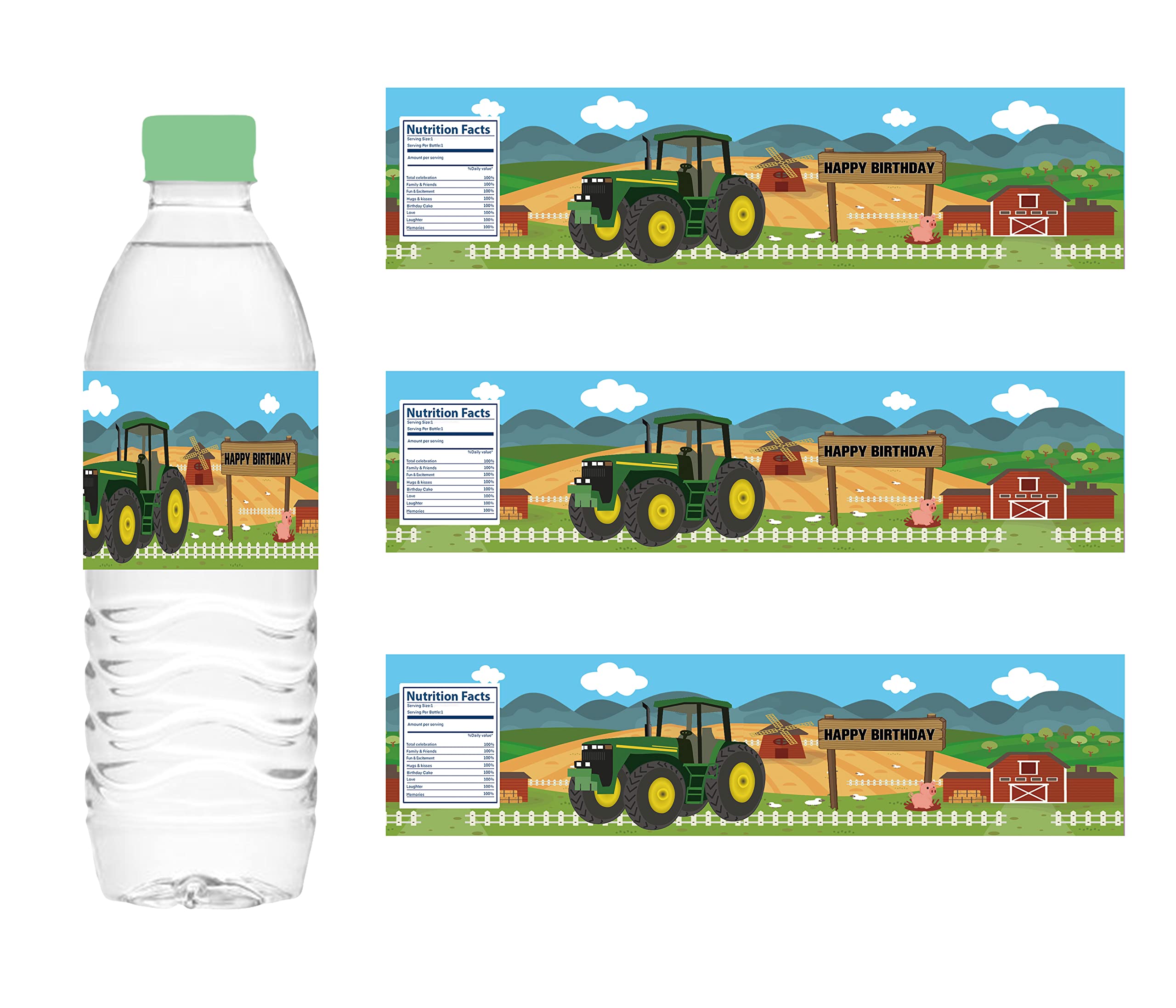 Green Tractor Birthday Party Decorations Set - Water Bottle Labels, Strawberry Themed Stickers for Boys & Girls - Kids Baby Shower Party Favors & Supplies | Perfect for Farm-Themed Birthday Celebrations, Baby Showers, and Children's Party Decor