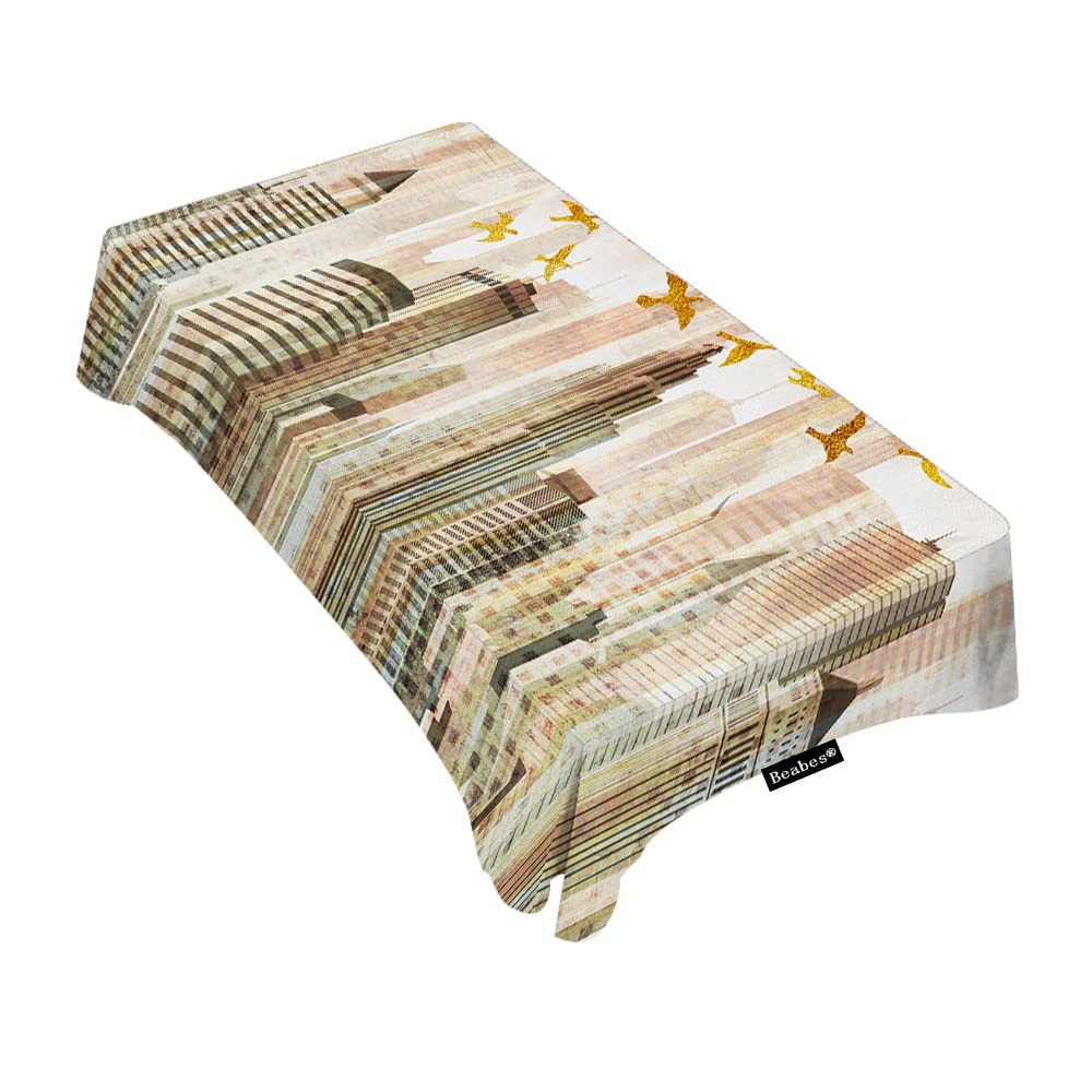 Beabes New York City Tablecloth 52x70 Inch - Retro Big City Golden Birds Polyester Rectangular Table Cover for Kitchen, Dining, Picnic & Outdoor Parties - Waterproof & Wrinkle-Resistant