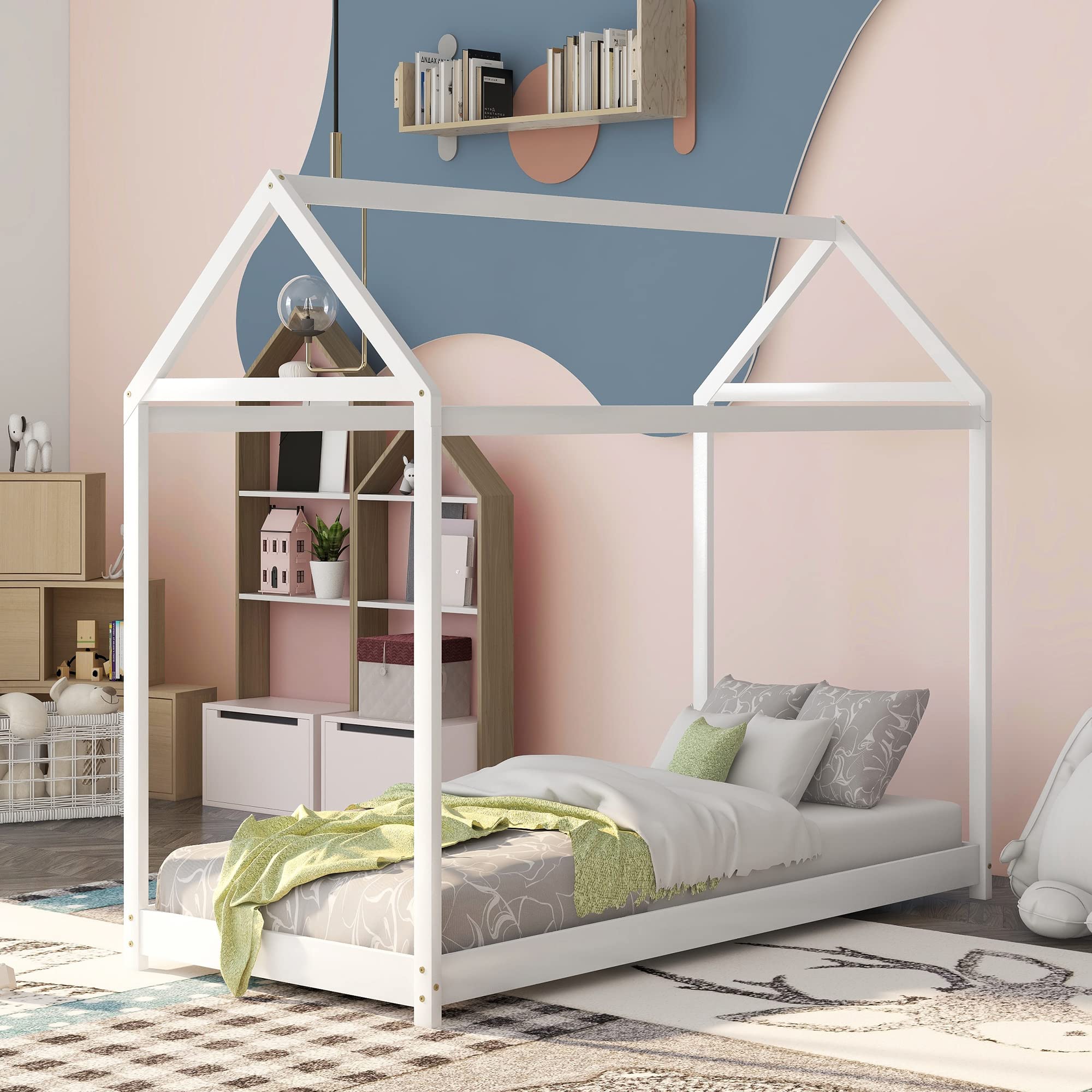 Twin Size Wooden House Bed for Kids - Princess Style Low House Bed Frame with Decorations, White - Perfect for Kids' Bedrooms, Playrooms & Sleepovers