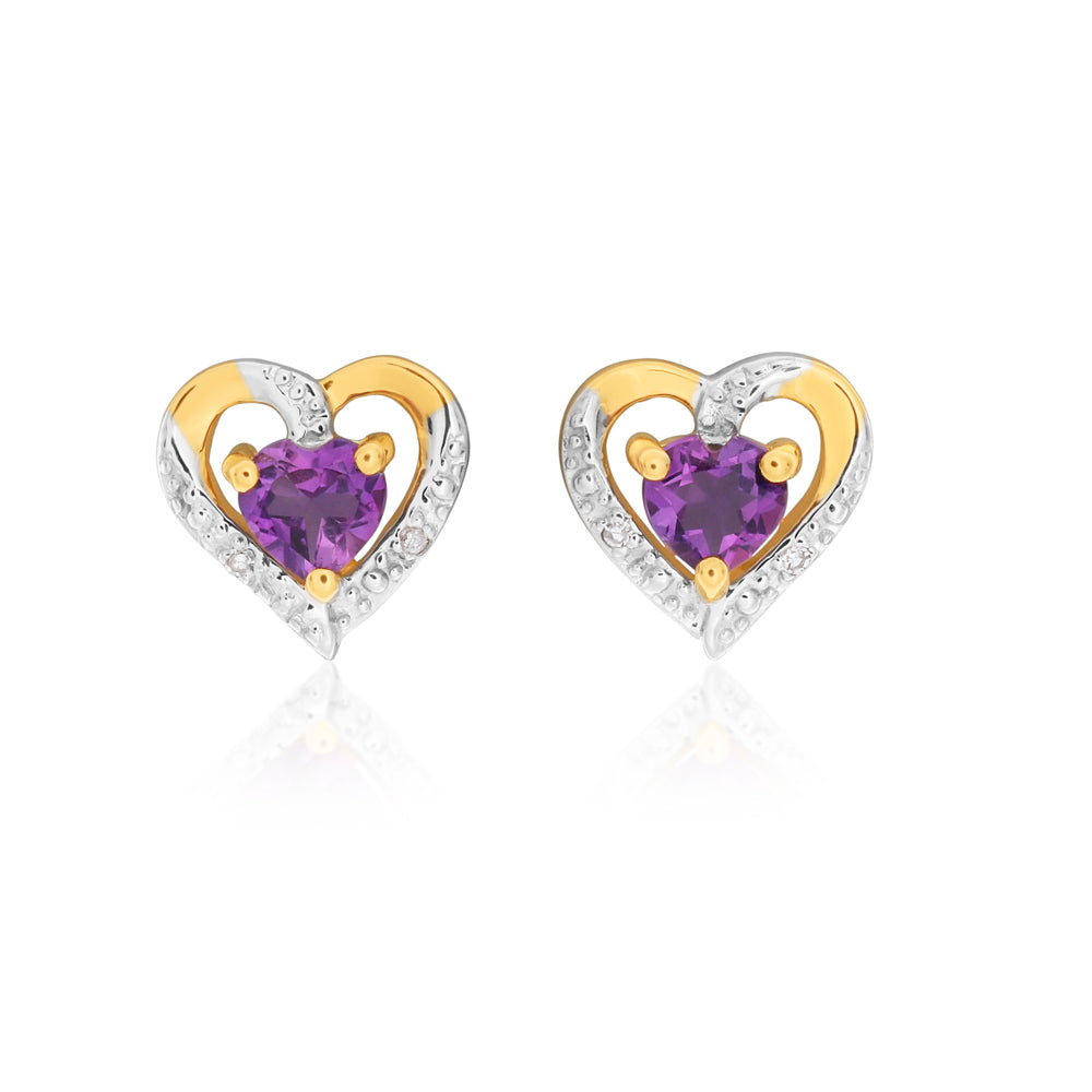 9ct Yellow Gold Amethyst & Diamond Heart Stud Earrings for Women - Elegant Valentine's Day Gift & Anniversary Jewelry