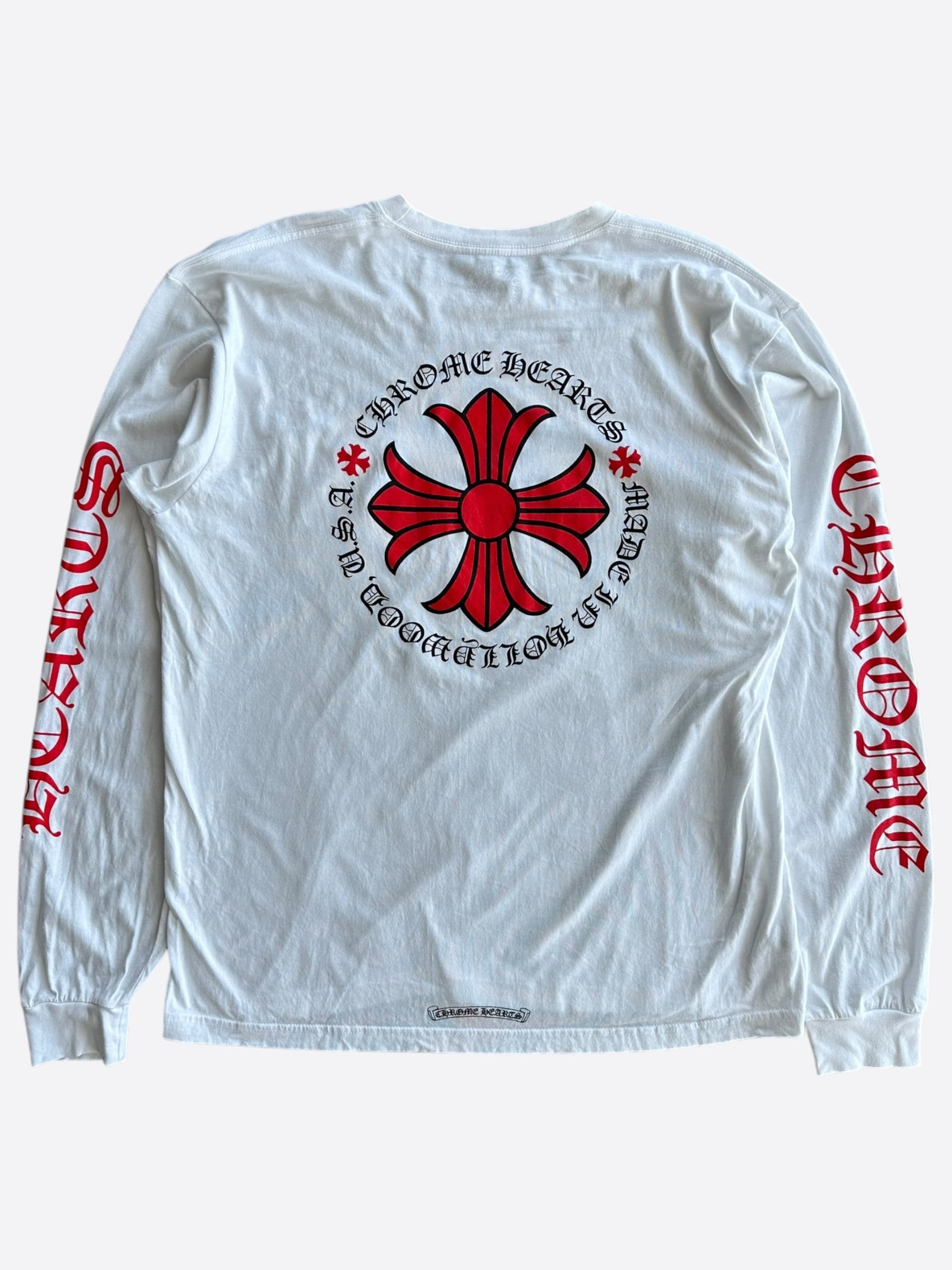 Chrome Hearts White & Red Cross Logo Long Sleeve T-Shirt for Men | Gothic Streetwear Fashion | Perfect for Concerts, Parties & Casual Outfits