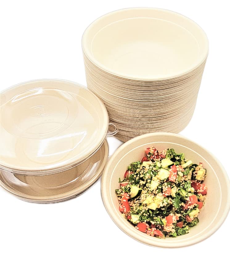 400-Pack Compostable 32oz Round Biodegradable Bowls with PET Lids | Eco-Friendly Bamboo Sugarcane Fiber Takeout Containers | Microwave & Freezer Safe | Perfect for Parties, Picnics & Meal Prep