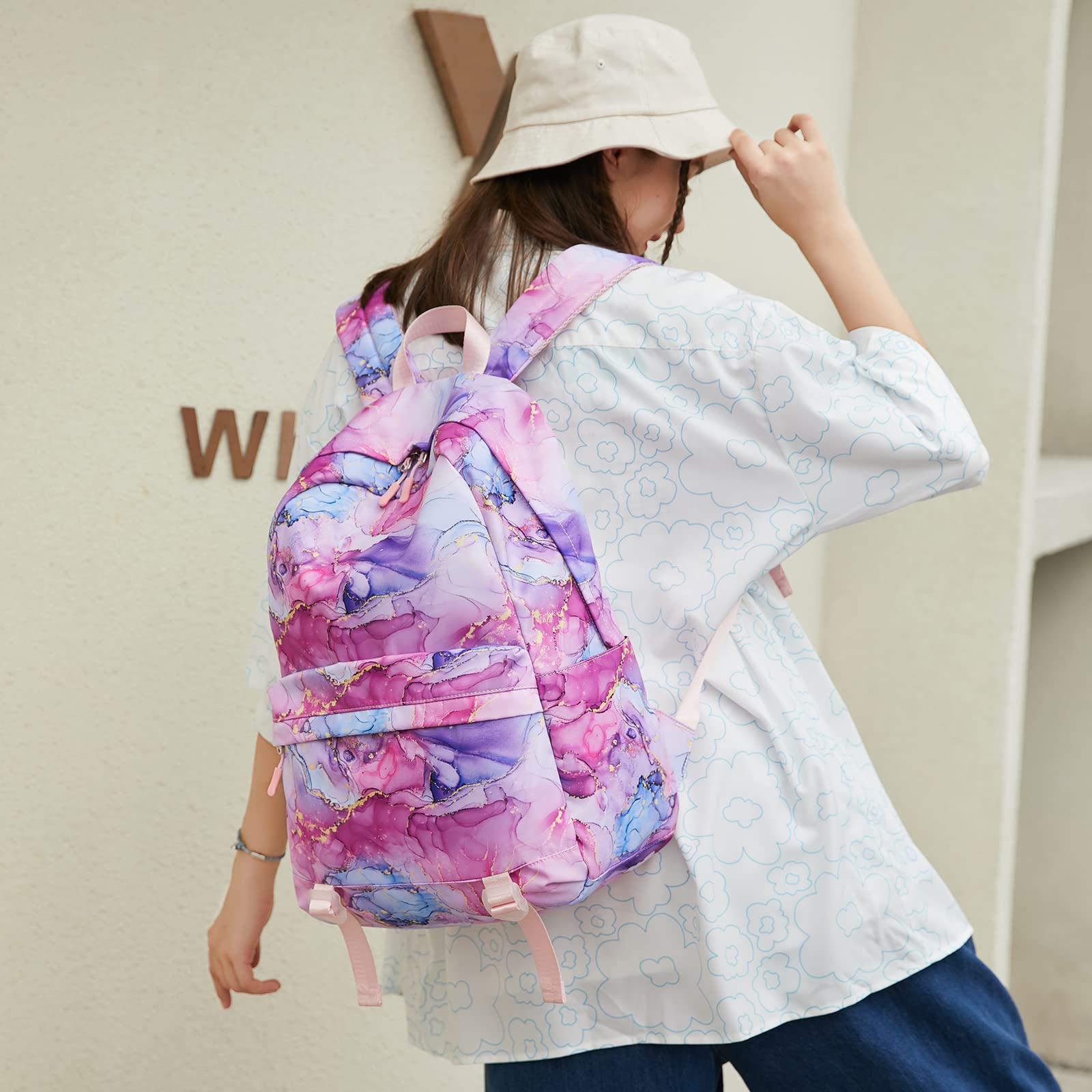 Stylish Marble Print Backpack for Girls - Waterproof School Backpack with Insulated Lunch Box Set - Cute Bookbag for Preschool, Elementary & Middle School Students - Perfect for Daily Use, Field Trips & Travel