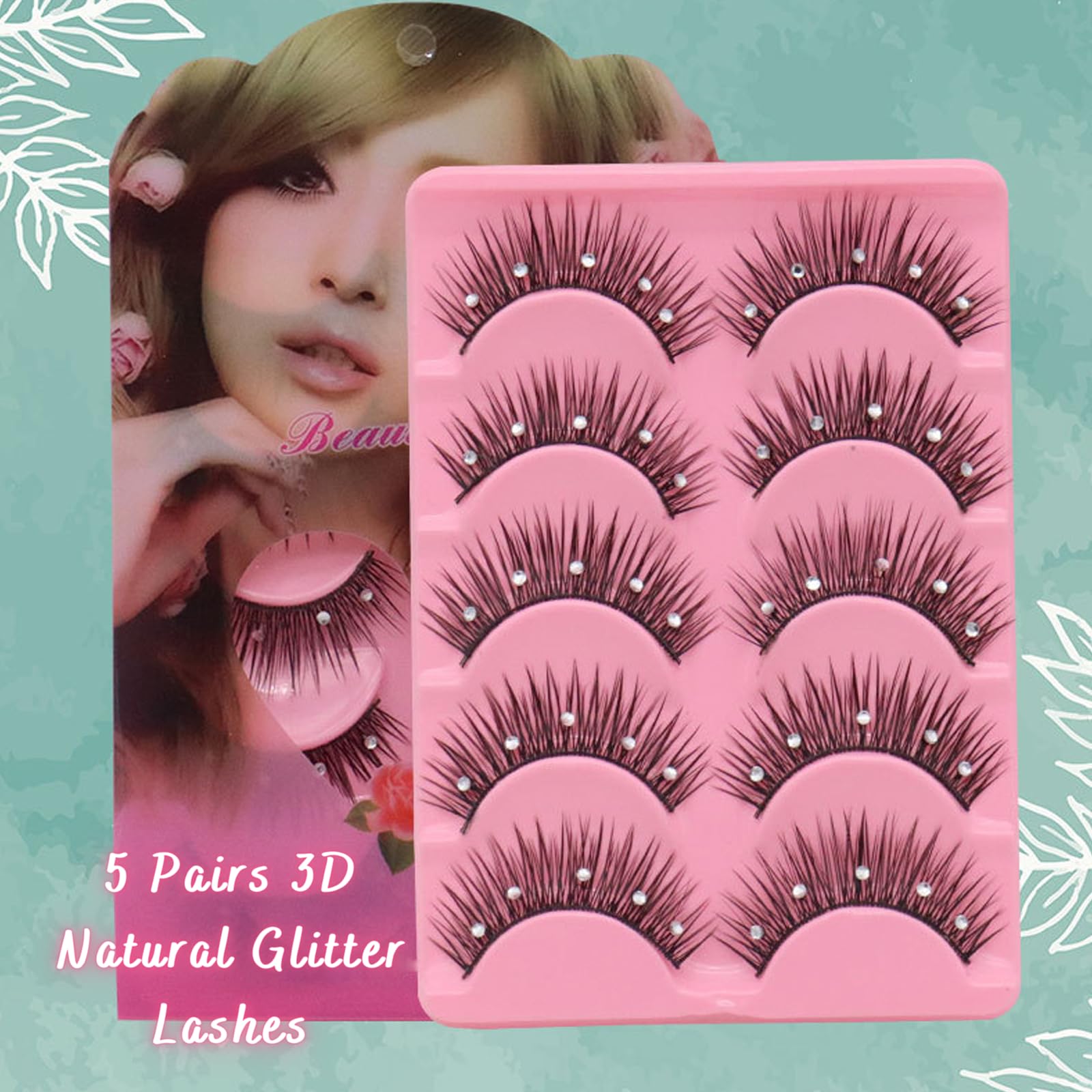 5 Pairs Glitter Lashes 3D Fluffy Natural Anime Eyelashes with Rhinestones - 13mm Dramatic Manga Lashes for Cosplay, Halloween, New Year Party & Stage Makeup (Black Stems) | Perfect for Costume Events, Photo Shoots & Special Occasions