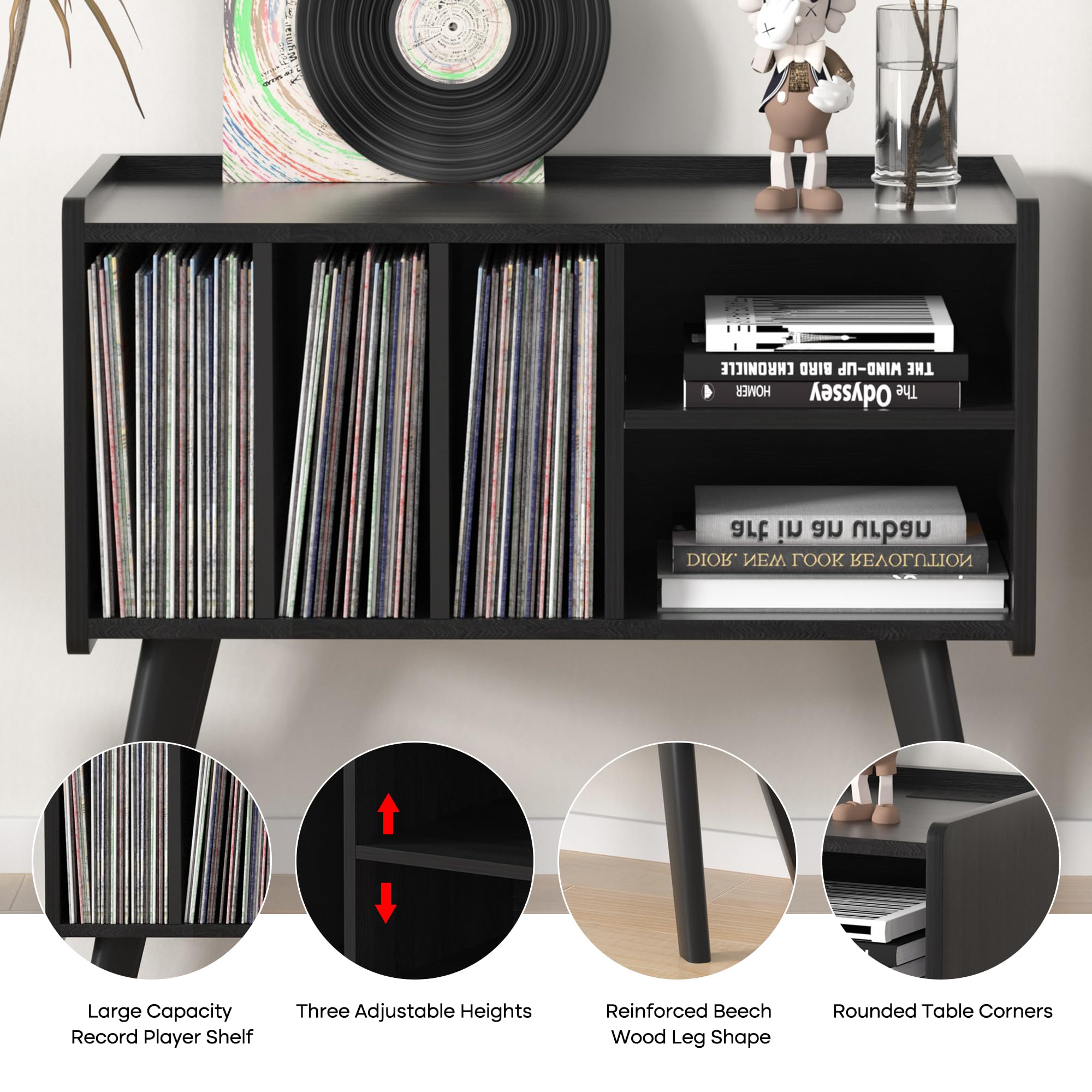 Forevich Large Vinyl Record Player Stand with Storage Cabinet - Holds 220+ Albums, Wooden Legs & Built-in Power Outlet - Turntable Shelf for Living Room, Home Theater & Music Studio (Black)