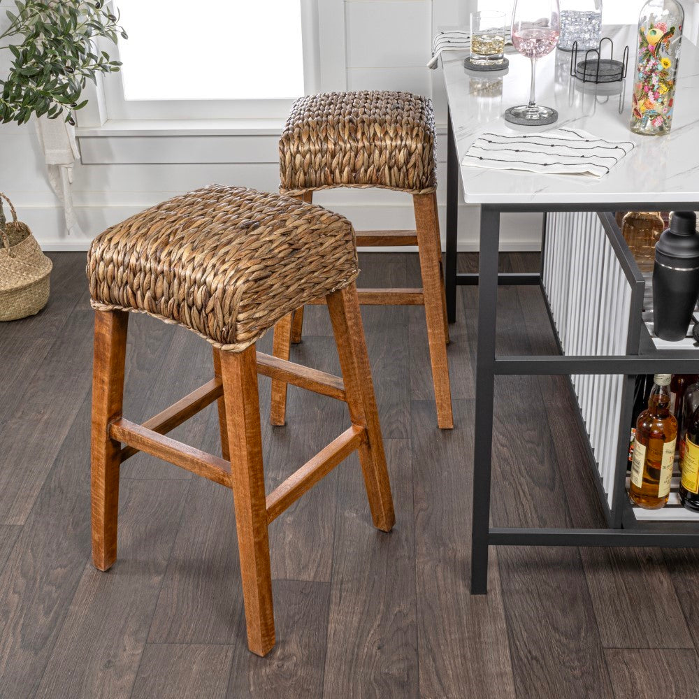 Bohemian Hyacinth & Wood Backless Counter Stool - Rustic Maui Style Bar Stool for Kitchen Island, Breakfast Nook & Outdoor Dining