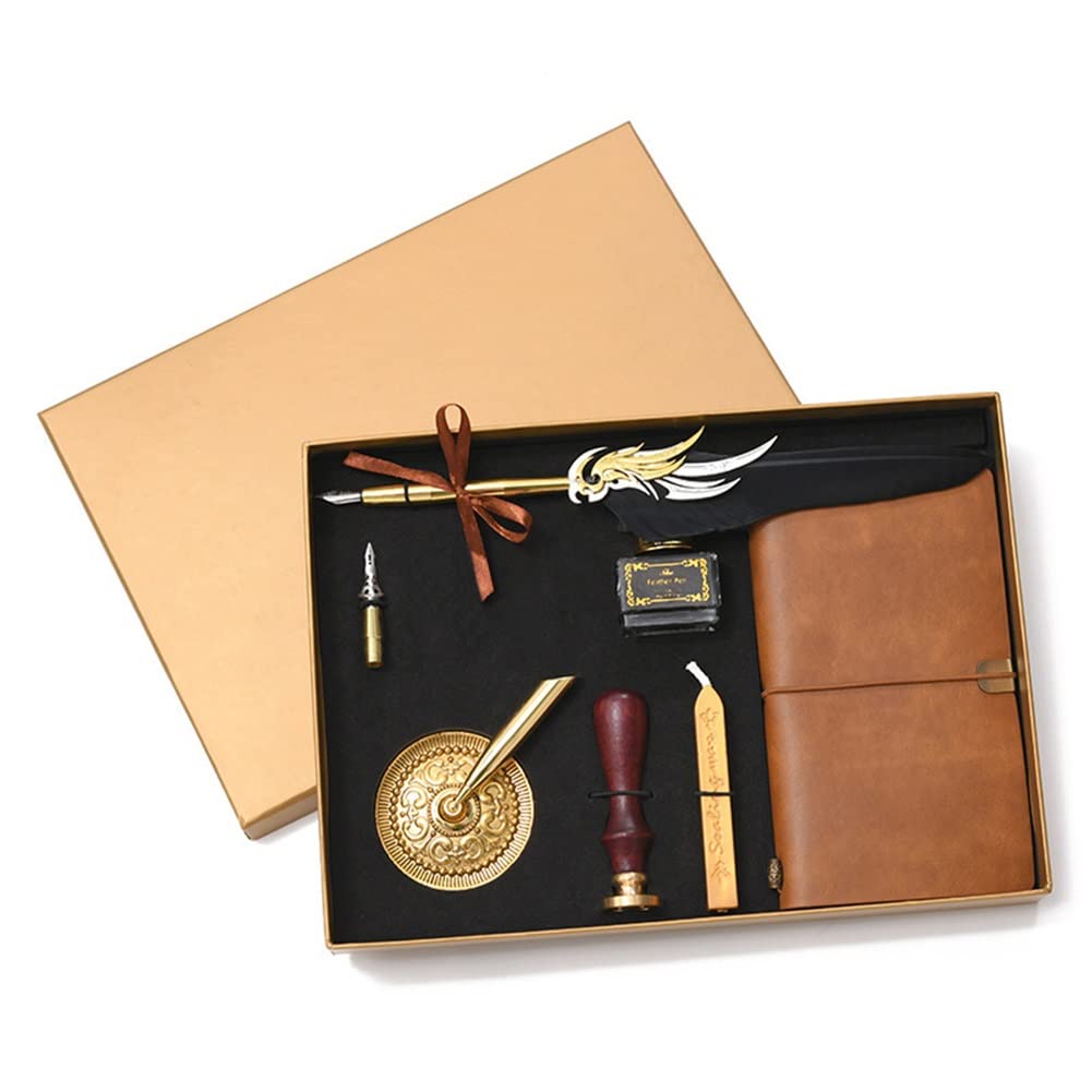 Vintage Fountain Pen Set with Notebook, Empty Ink Bottle & Calligraphy Nibs - Classic Feather Dip Pen for Writing, Drawing & Gift Giving - Perfect for Journaling, Letter Writing & Artistic Calligraphy