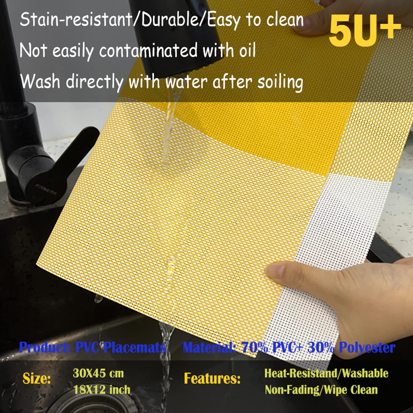 6-Pack PVC Heat-Resistant Placemats Set - Double Sided Washable Kitchen Table Mats, Easy to Clean Dining Table Protectors for Home, Restaurant & Office Use (Beige & Yellow)