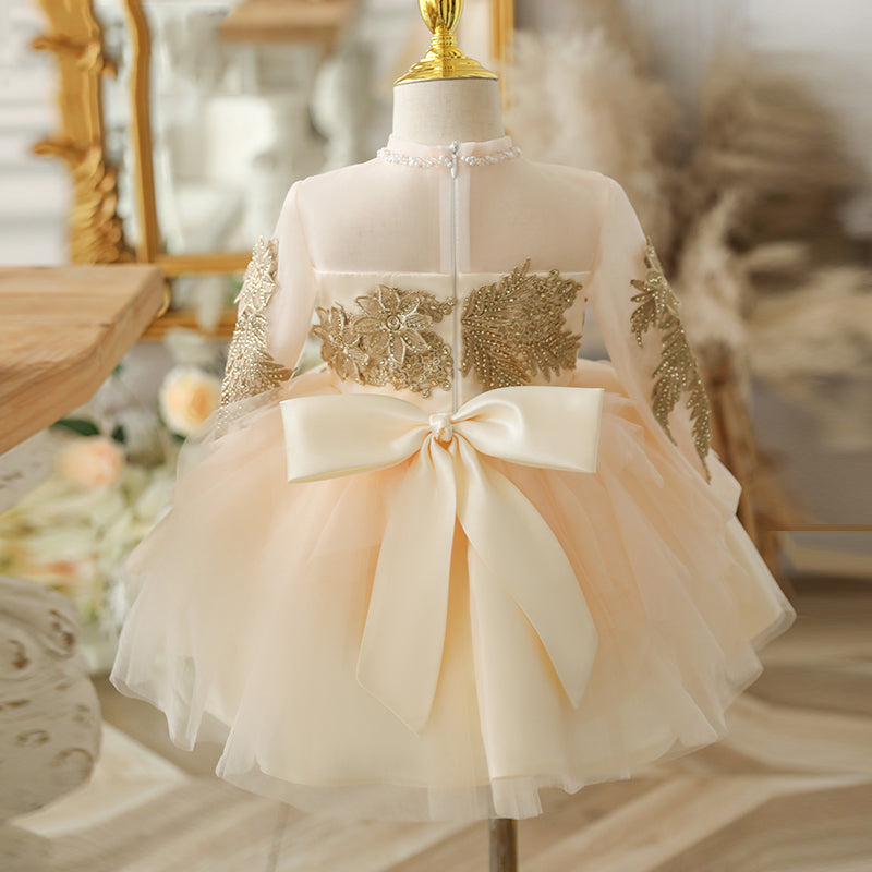 Elegant Champagne Tulle A-Line Flower Girl Dress with Delicate Lace & Bow Details - Perfect for Weddings, Bridal Showers & Special Occasions