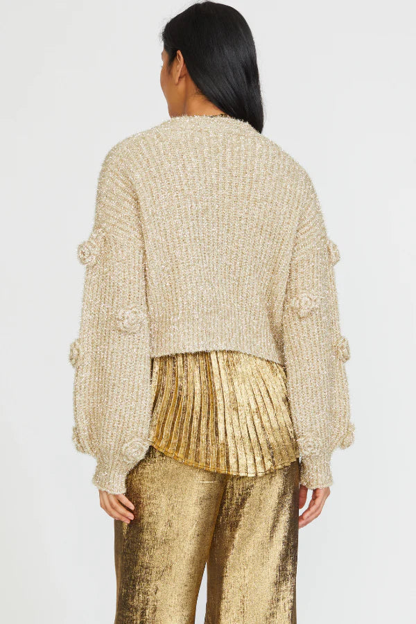 Elegant Gold Lurex Cardigan with Floral Applique - Perfect for Evening Parties and Special Occasions