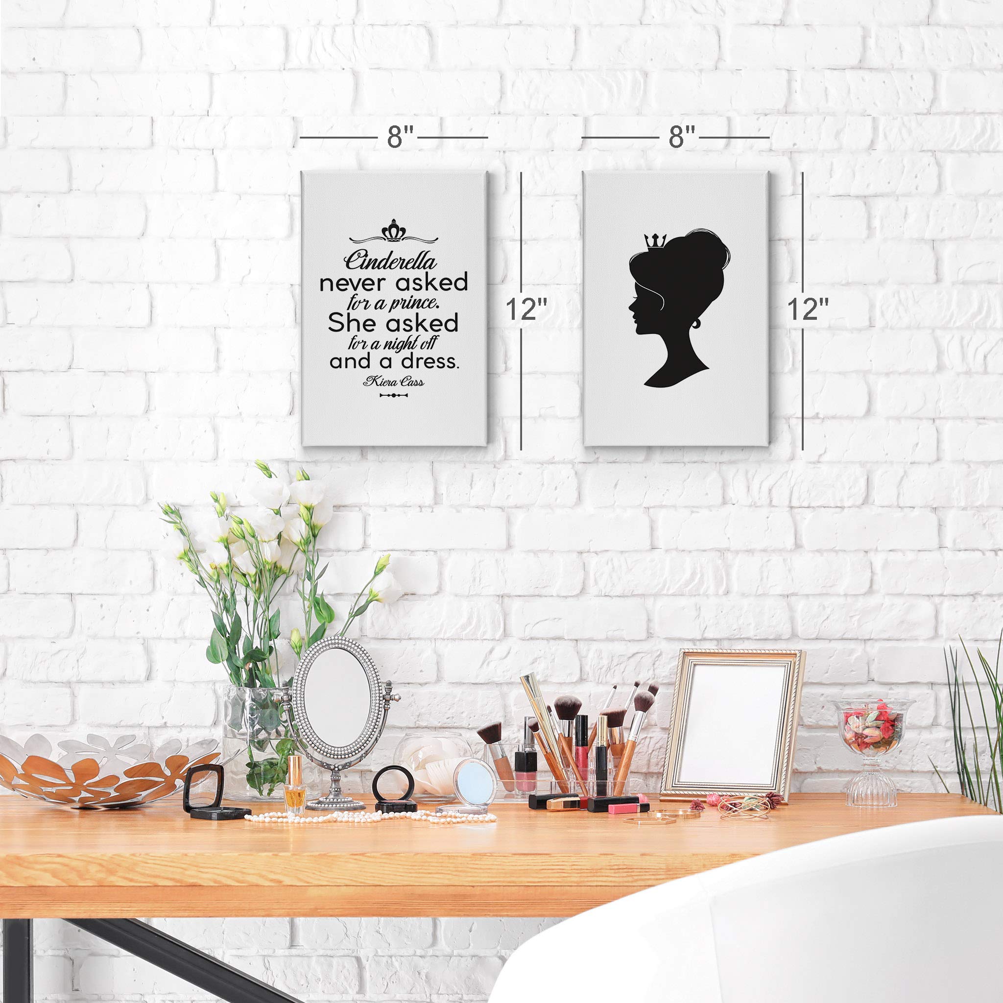 Smile Art Design Cinderella Inspirational Quote Black & White 2-Piece Canvas Wall Art Set - Glam Fashion Prints for Girls Room, Women's Dorm & Living Room Decor (28x19 Inches) | Perfect for Bedroom, Nursery & Home Office Wall Decor