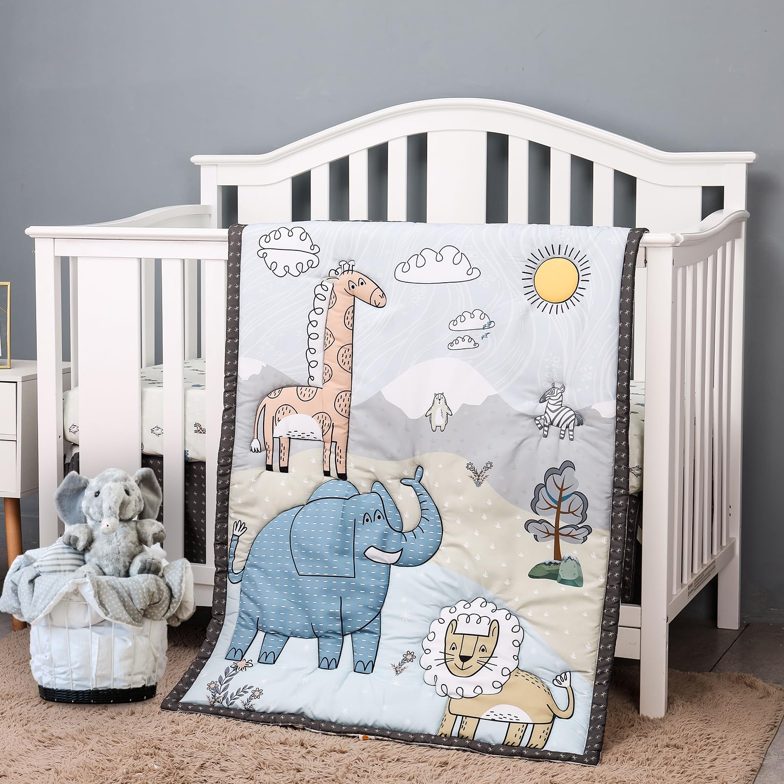 4 Piece Baby Crib Bedding Set for Boys & Girls - Soft Animal Nursery Set with Cartoon Comforter, Pillowcase, Fitted Sheet & Bed Skirt | Cozy Nursery Decor for Newborns & Toddlers | Perfect for Baby Showers & Nursery Room Themes
