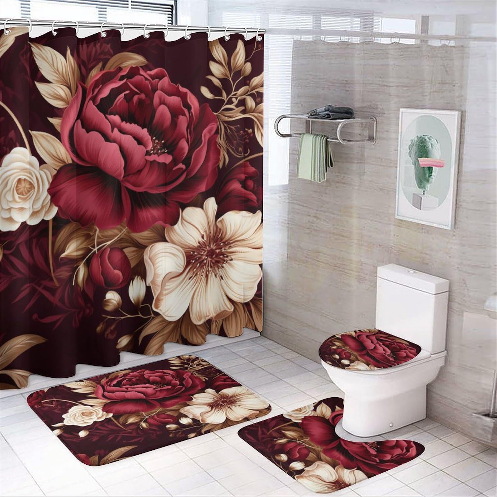 4-Piece Elegant Burgundy Floral Bathroom Set - Waterproof Shower Curtain, Non-Slip U-Shape Mat, Toilet Lid Cover & Rug - Red & White Floral Decor for Modern Bathrooms - Perfect for Home, Hotel & Spa Decorations