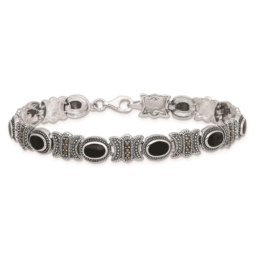 925 Sterling Silver Marcasite and Onyx Bracelet for Women - Elegant Fine Jewelry Gift for Her, 7.25 Inch Adjustable - Perfect for Parties, Weddings & Special Occasions