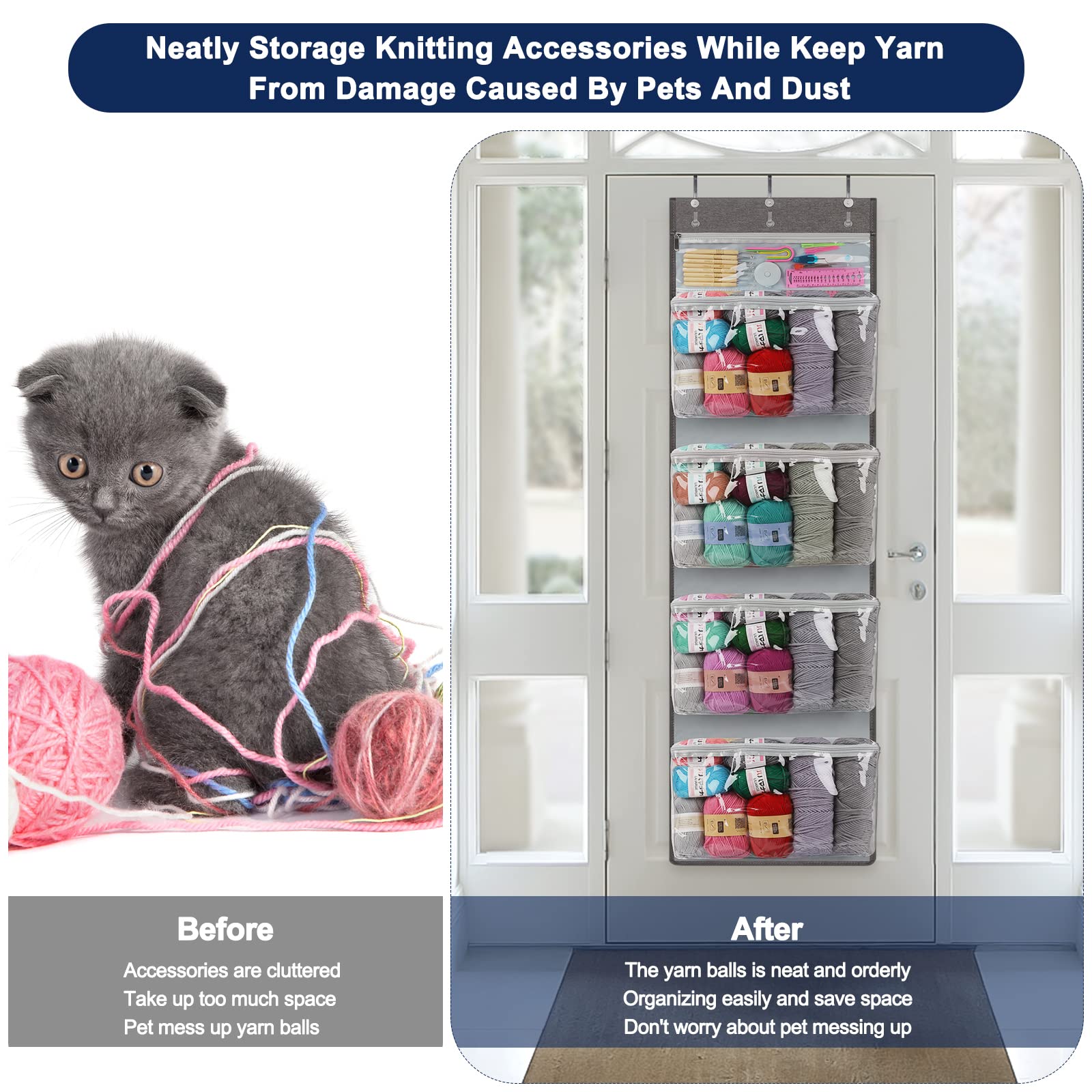 Katech Large Hanging Yarn Storage Organizer with 5 Zipper Pockets - Perfect for Knitting, Crochet & Craft Supplies - Ideal for Yarn Balls, Crochet Hooks & Needles - Space-Saving Wall or Closet Storage Solution for Craft Rooms & Small Spaces