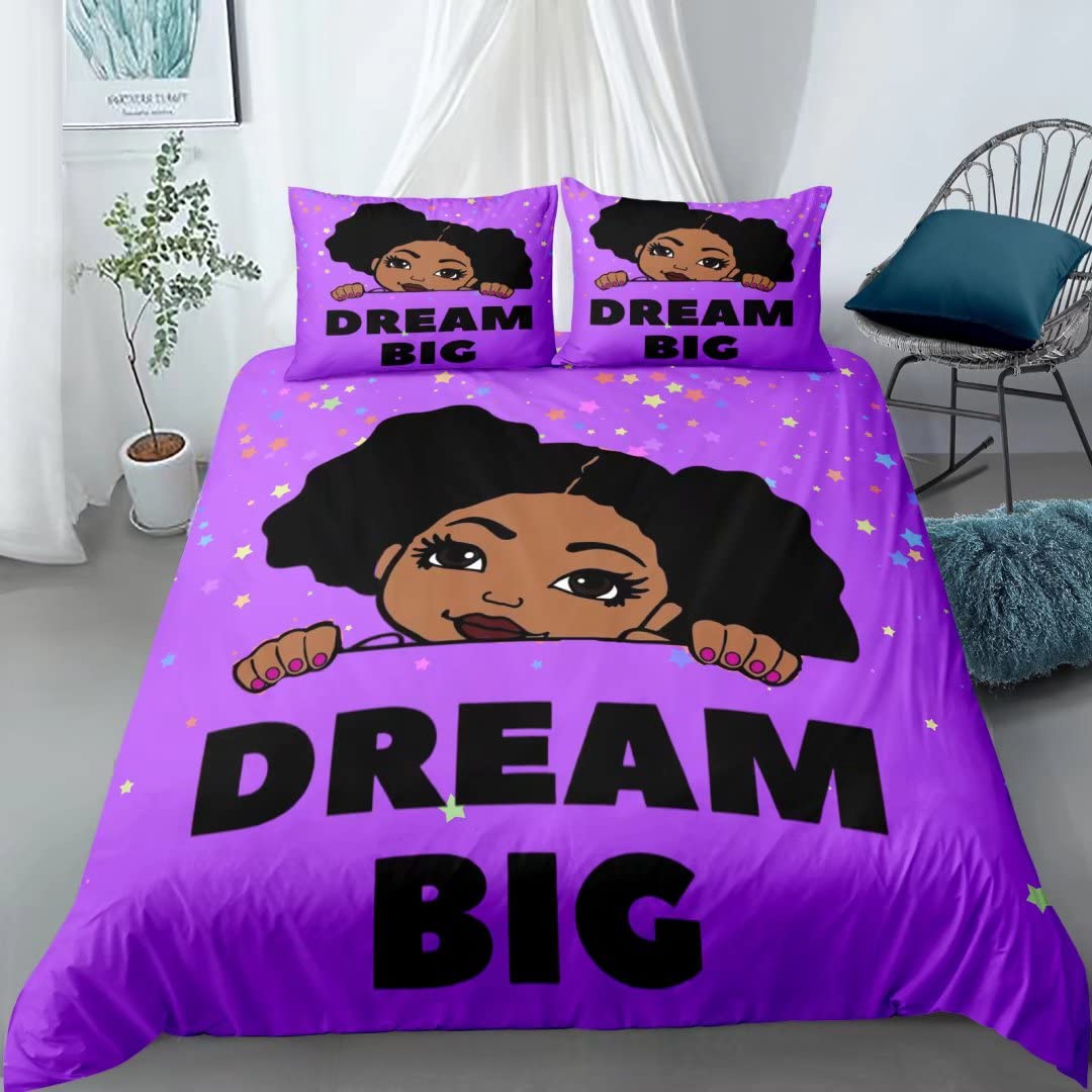 African American Girl King Size Bedding Set - Cute Black Girl Comforter Cover, Dream Big Theme Duvet Set for Kids & Teens (Purple, No Comforter Included) - Perfect for Girls' Bedrooms, Dorm Rooms & Sleepovers