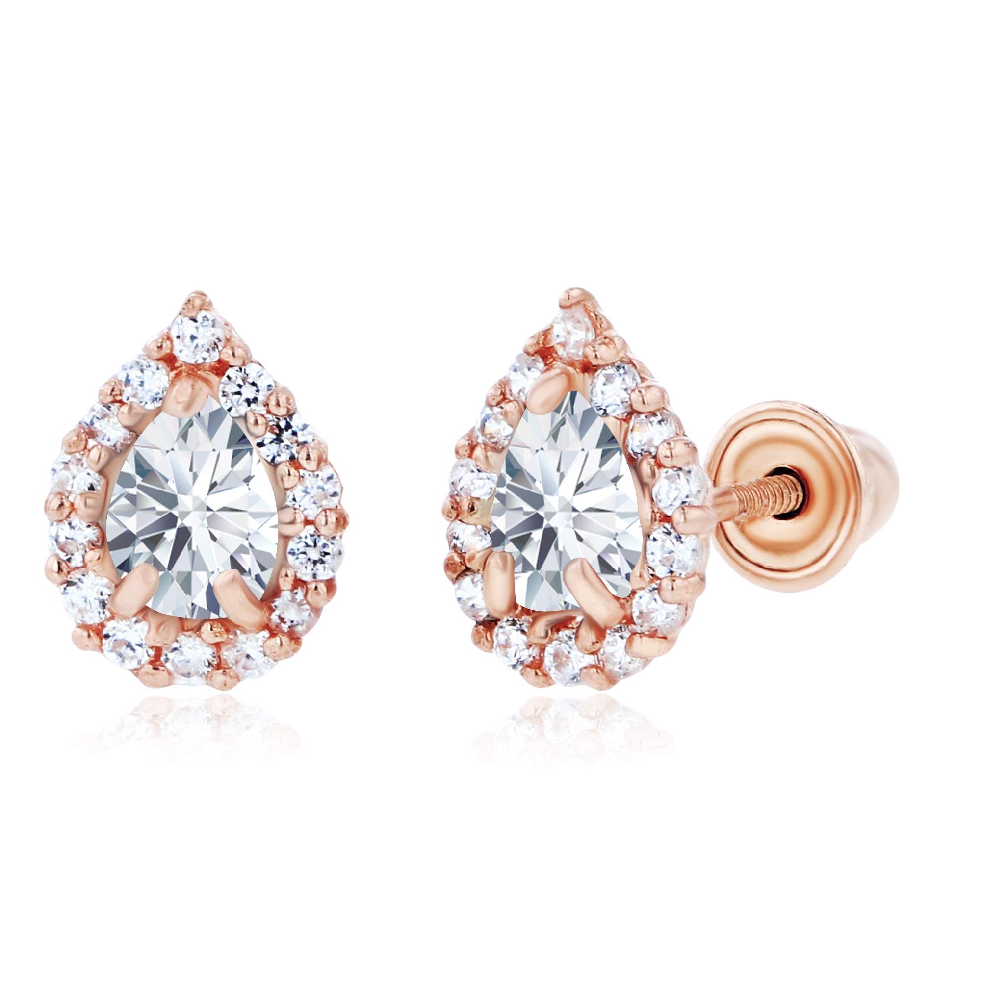 14K Solid Gold Pear Shaped Natural Birthstone Screwback Stud Earrings for Women | 7x5mm & 4x3mm Pear Cut Earrings | 1mm Created White Sapphire Halo Earrings | Perfect for Birthdays, Anniversaries & Special Occasions