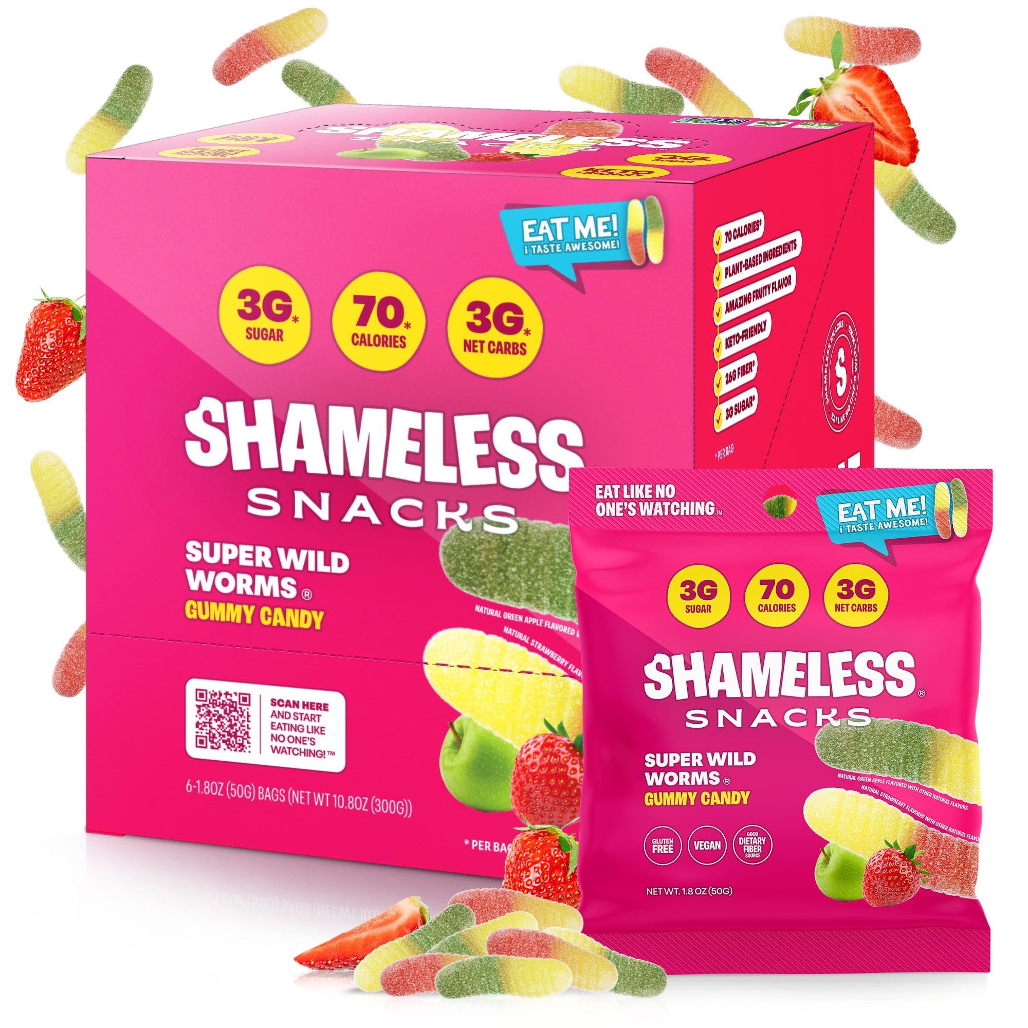 Shameless Snacks - Healthy Low Calorie & Low Carb Keto Gummies | Gluten Free Candy | 6 Pack Wild Worms | Perfect for Keto Diet, Weight Loss & On-the-Go Snacking